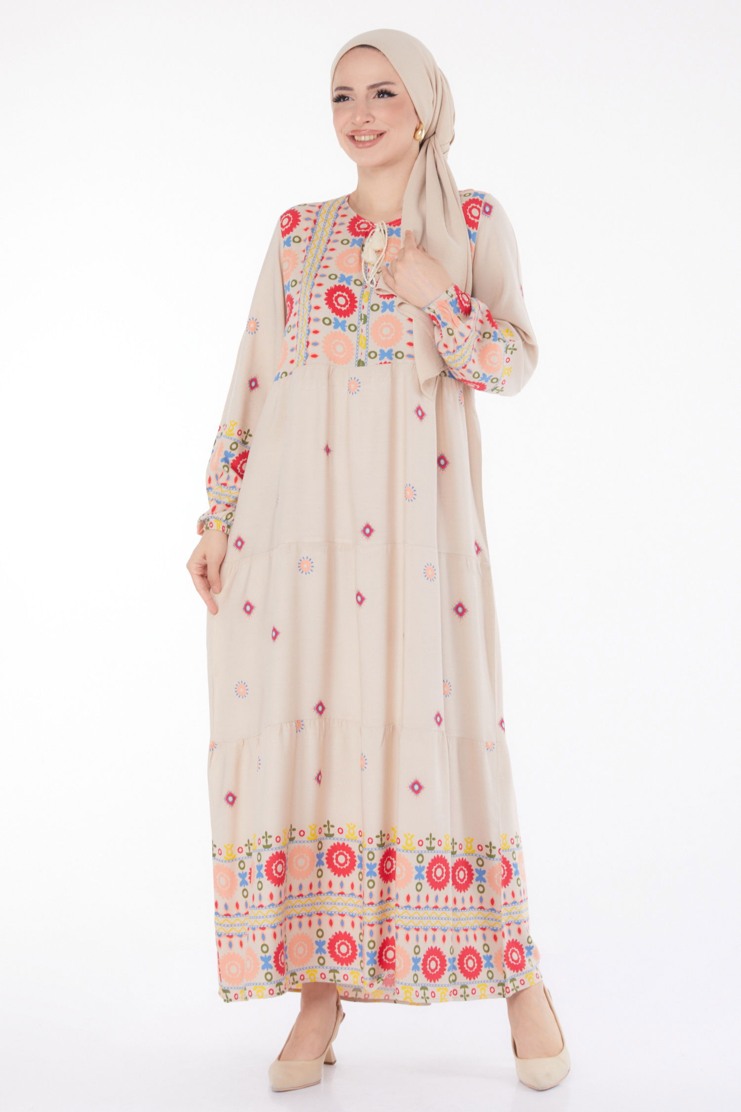 Düz Kravat Yaka Kadın Bej Desenli Elbise - 25708 - 2