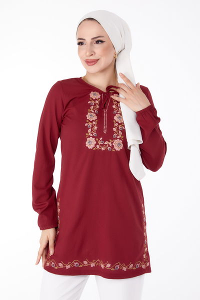 Nakışlı Tunik Bordo - 13185 