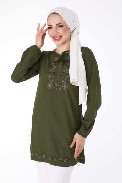 Nakışlı Tunik Haki - 13185 