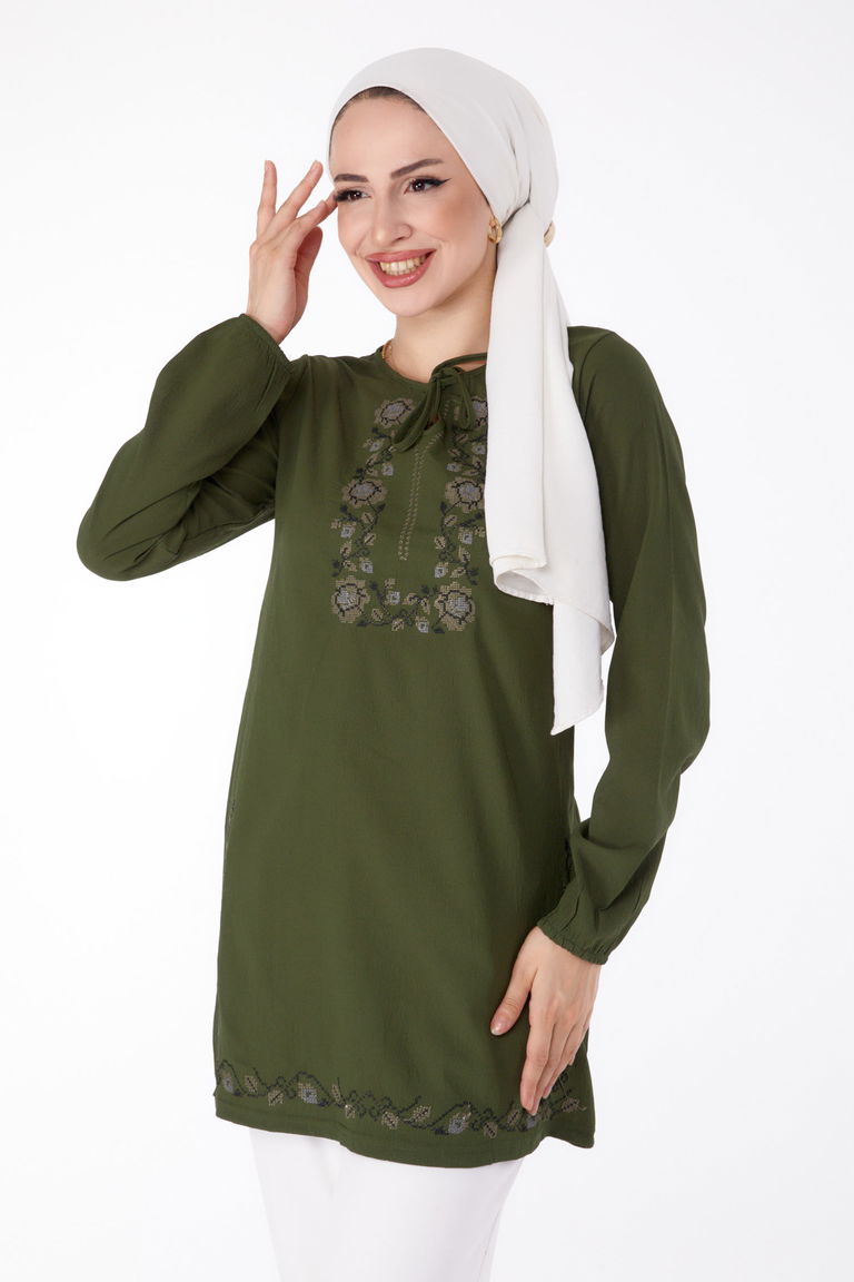 Nakışlı Tunik Haki - 13185 - TOFİSA