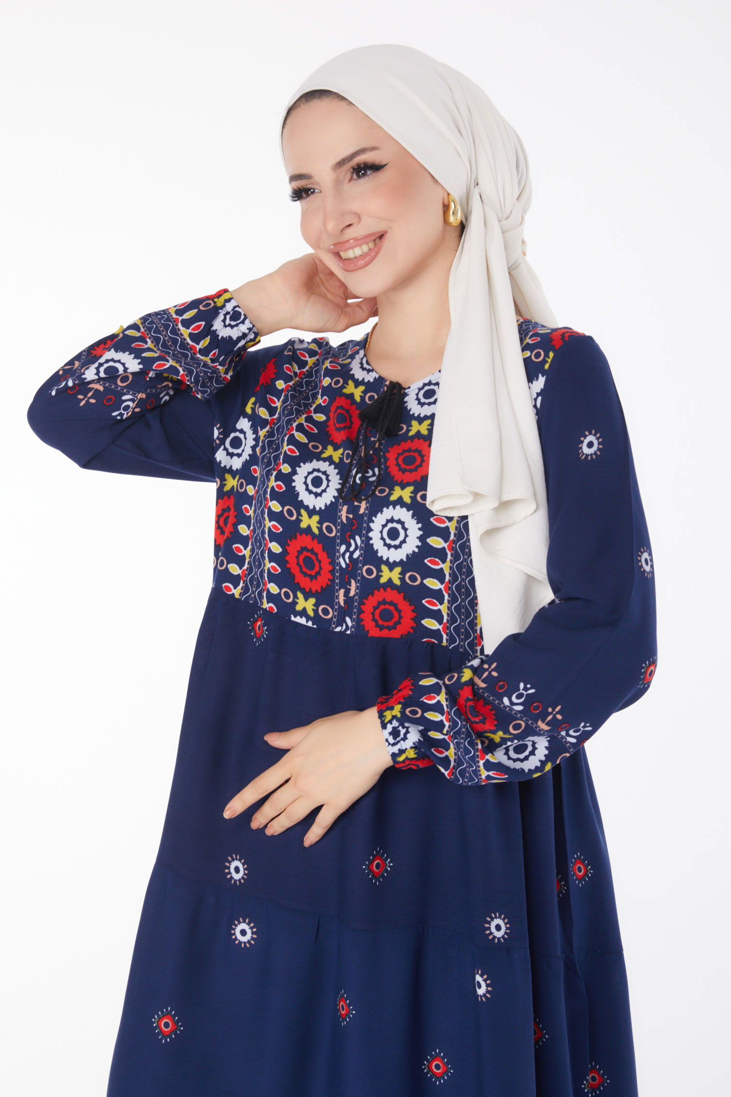 Düz Kravat Yaka Kadın Lacivert Desenli Elbise - 25708 - 2