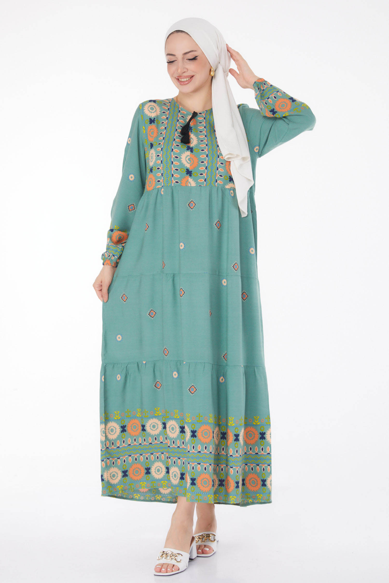 Düz Kravat Yaka Kadın Mint Desenli Elbise - 25708 - 1