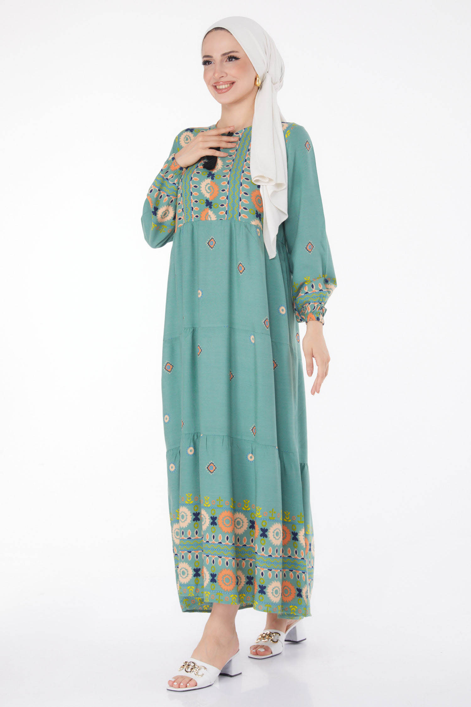 Düz Kravat Yaka Kadın Mint Desenli Elbise - 25708 - 2