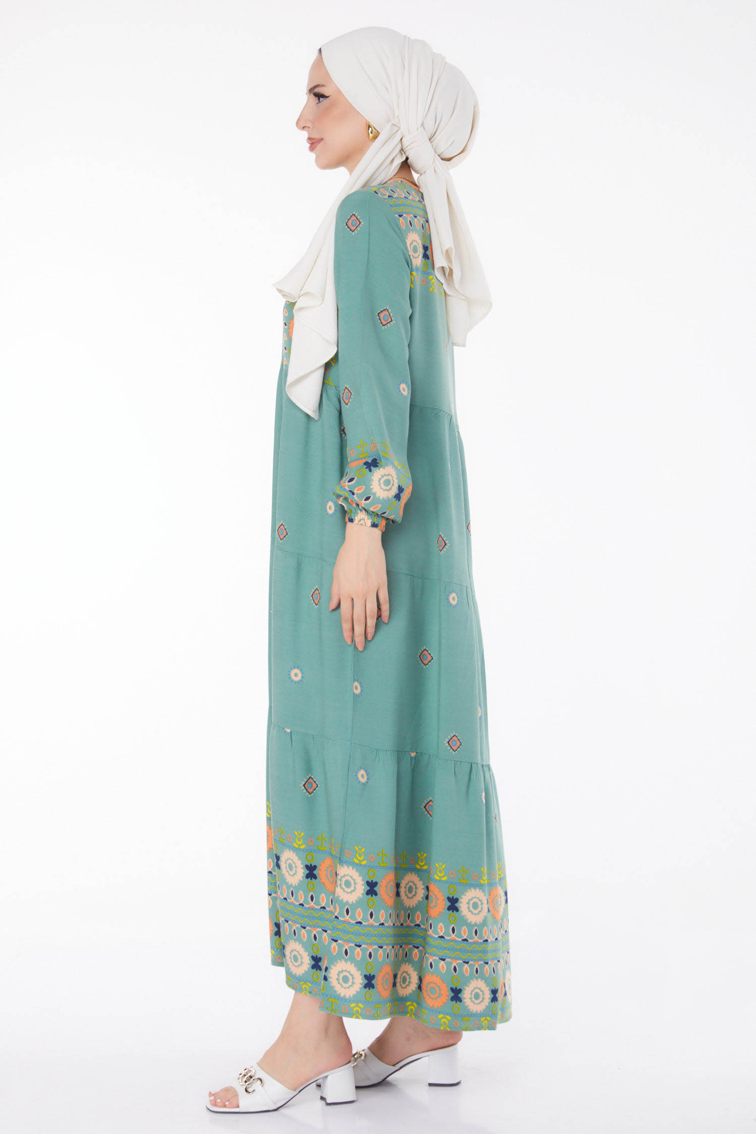 Düz Kravat Yaka Kadın Mint Desenli Elbise - 25708 - 4