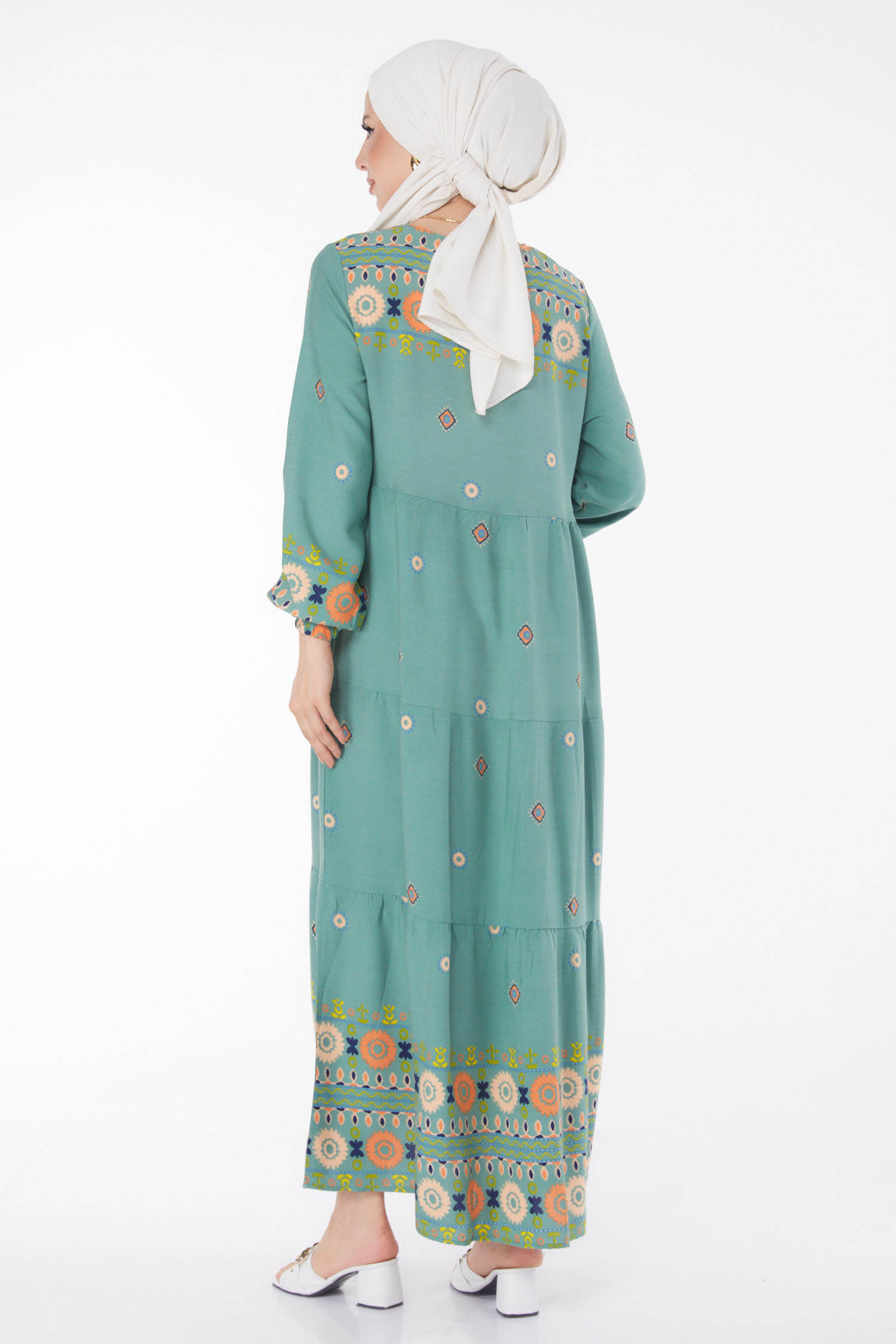Düz Kravat Yaka Kadın Mint Desenli Elbise - 25708 - 5