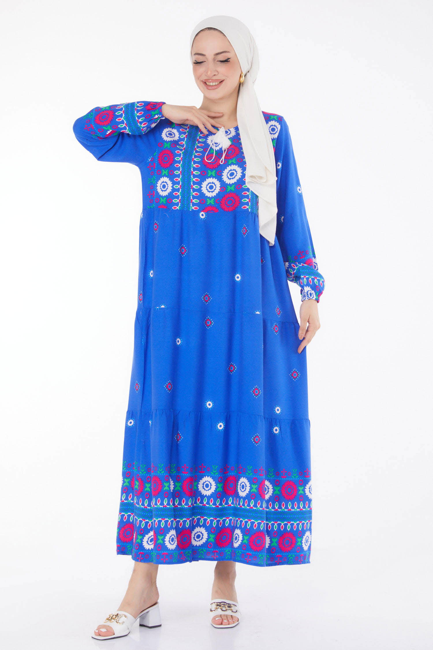 Desenli Elbise Saks - 25708 - 2