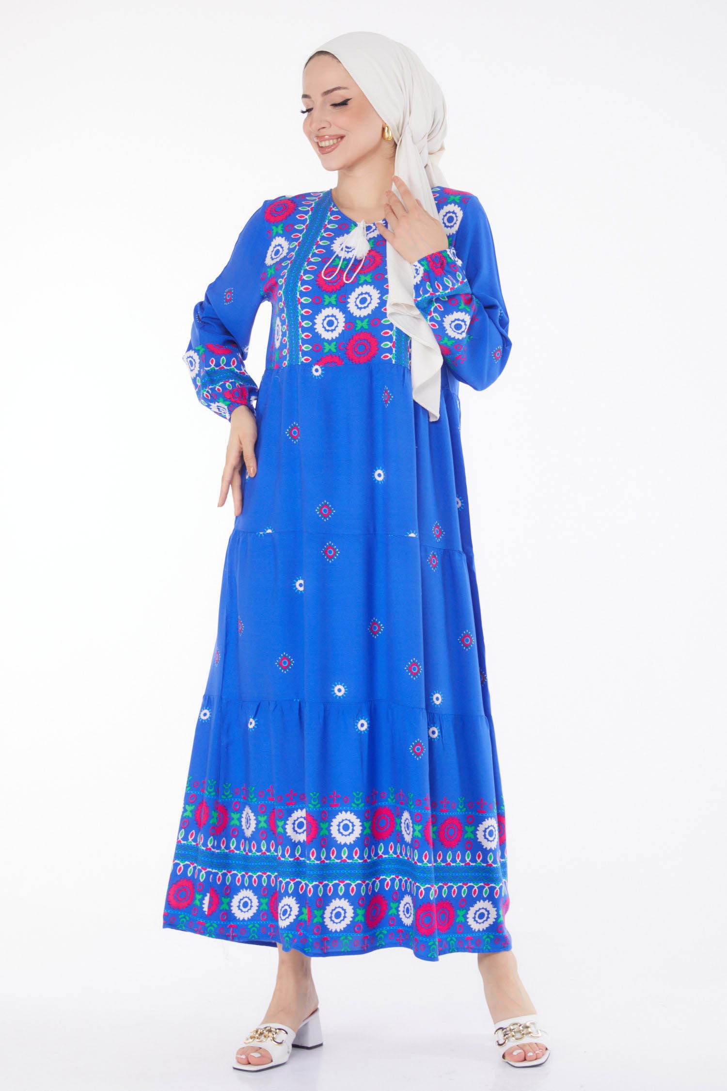Desenli Elbise Saks - 25708 - 3