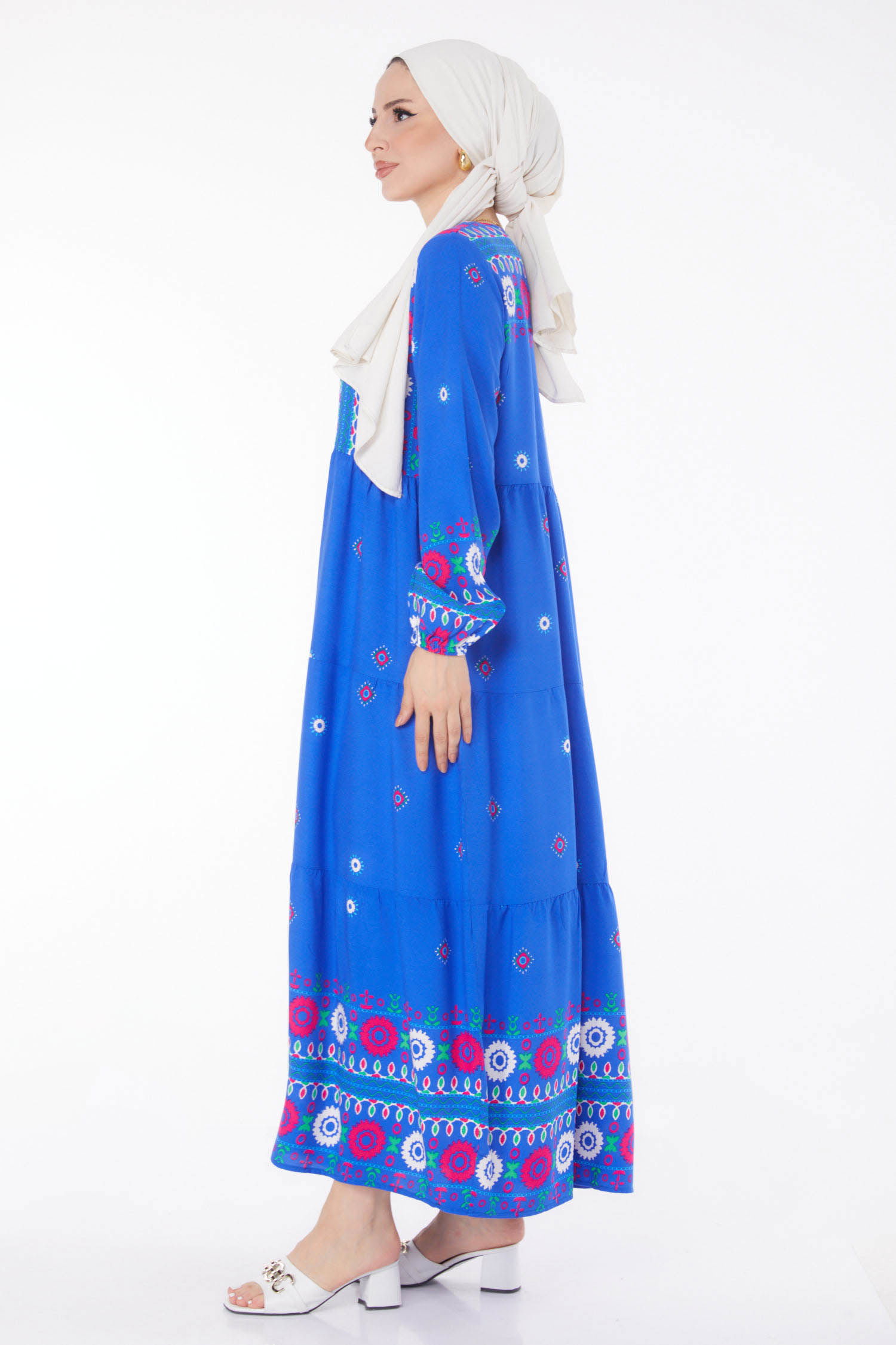 Desenli Elbise Saks - 25708 - 4