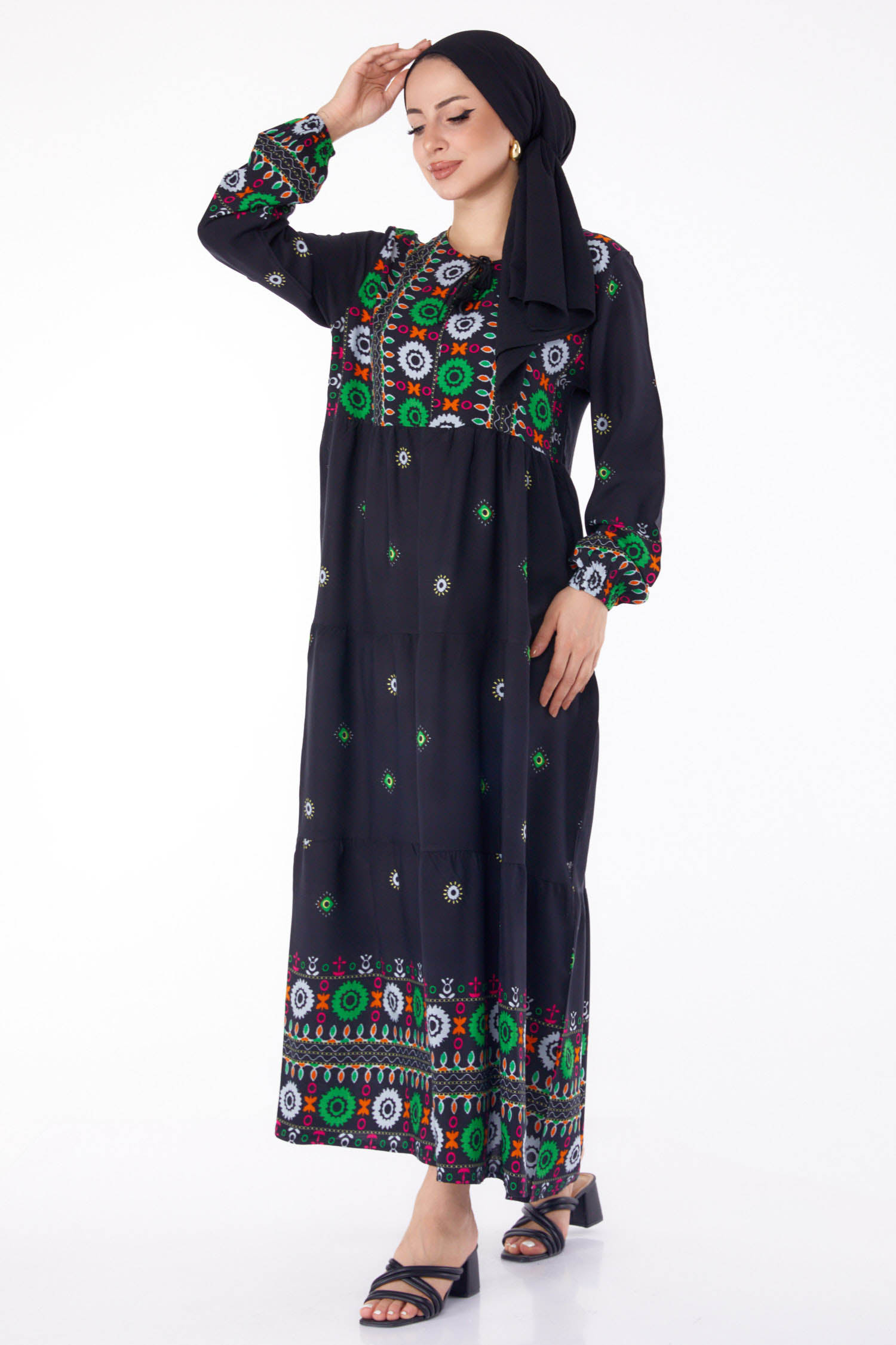 Desenli Elbise Siyah - 25708 - 1