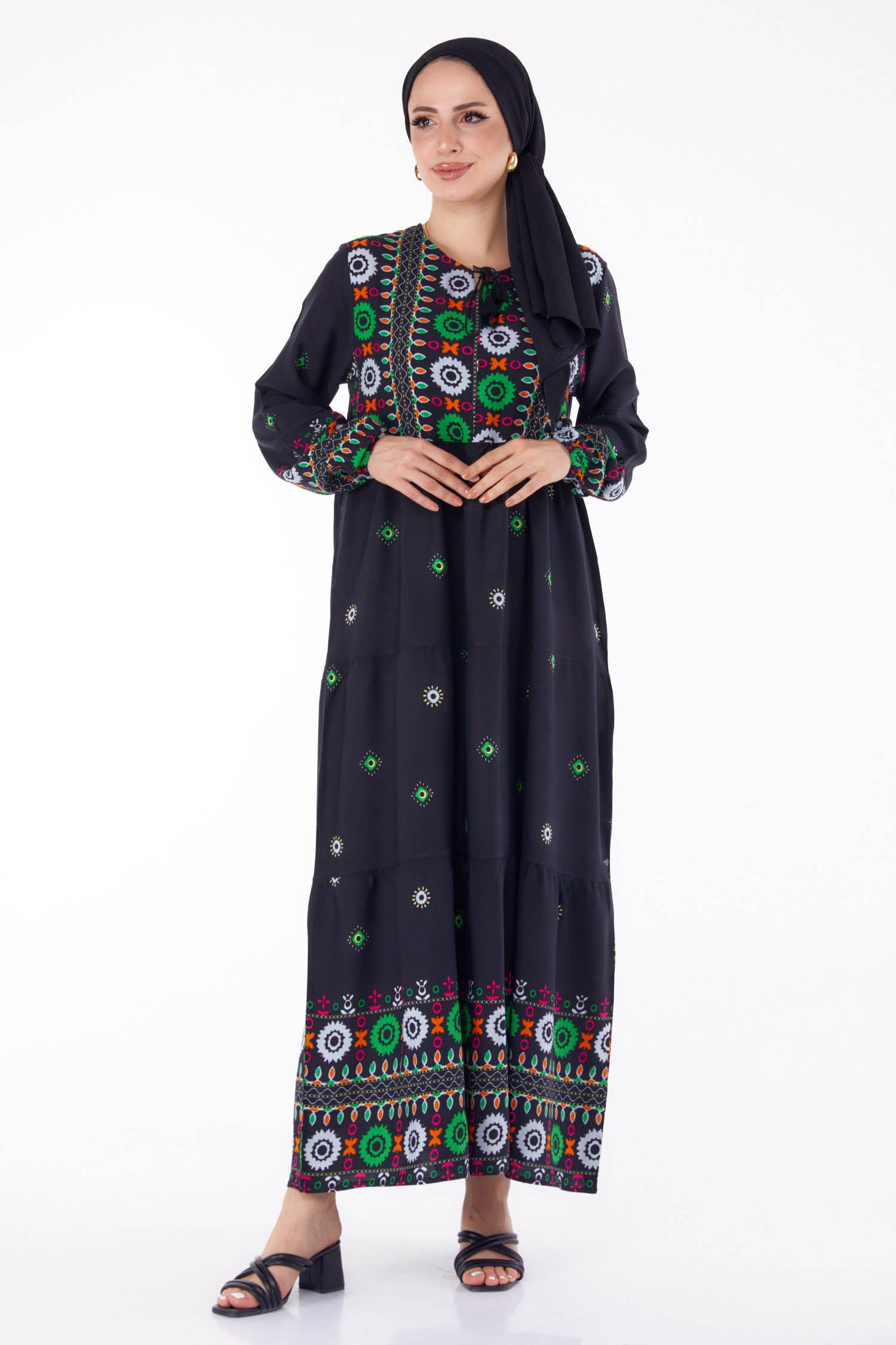 Desenli Elbise Siyah - 25708 - 3