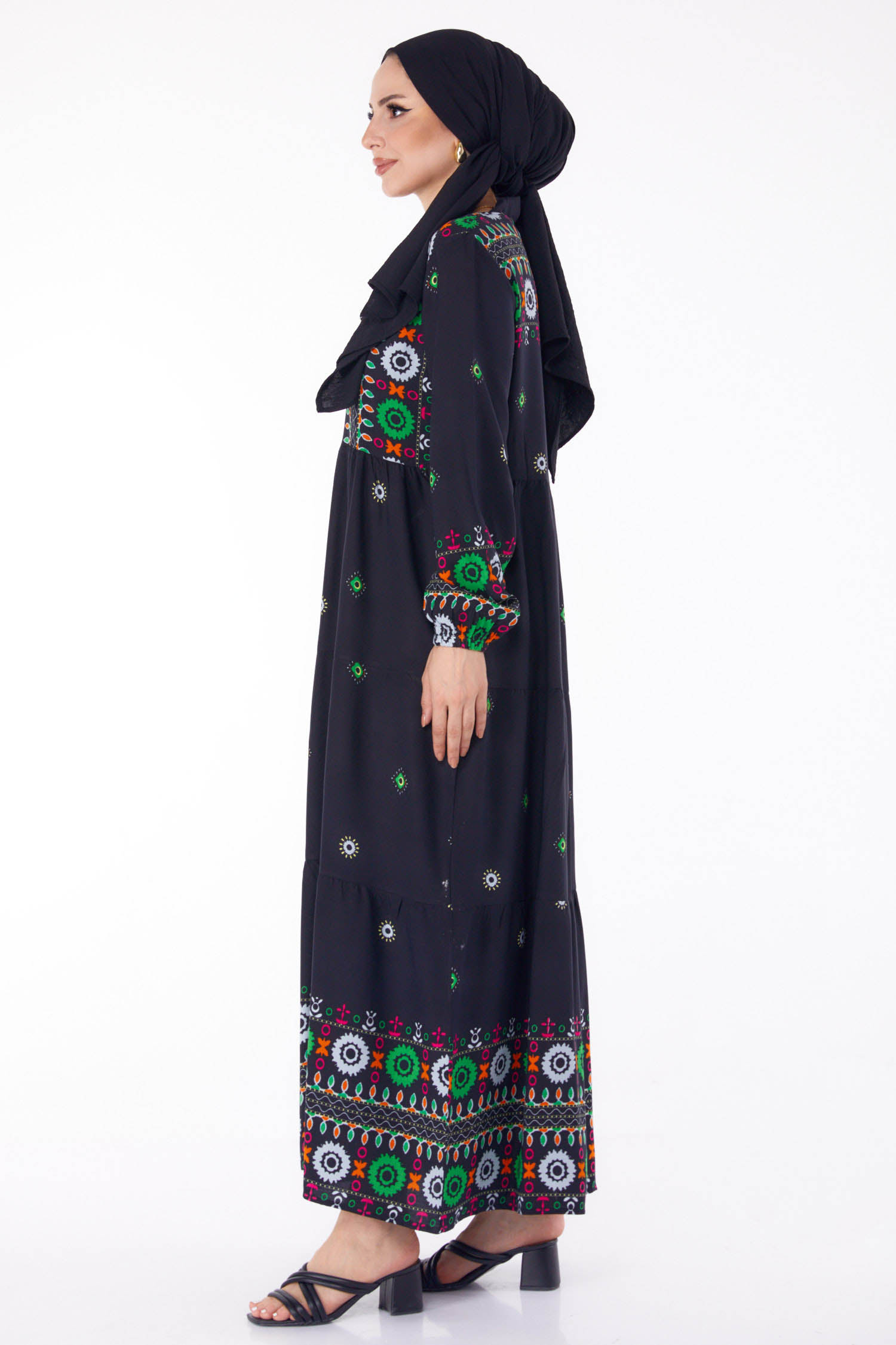 Desenli Elbise Siyah - 25708 - 4