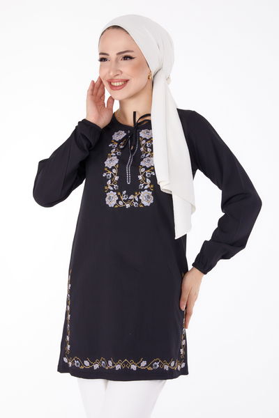 Nakışlı Tunik Siyah - 13185 