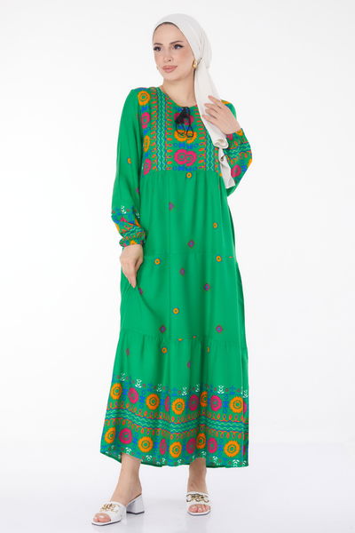 Desenli Elbise Yesil - 25708 