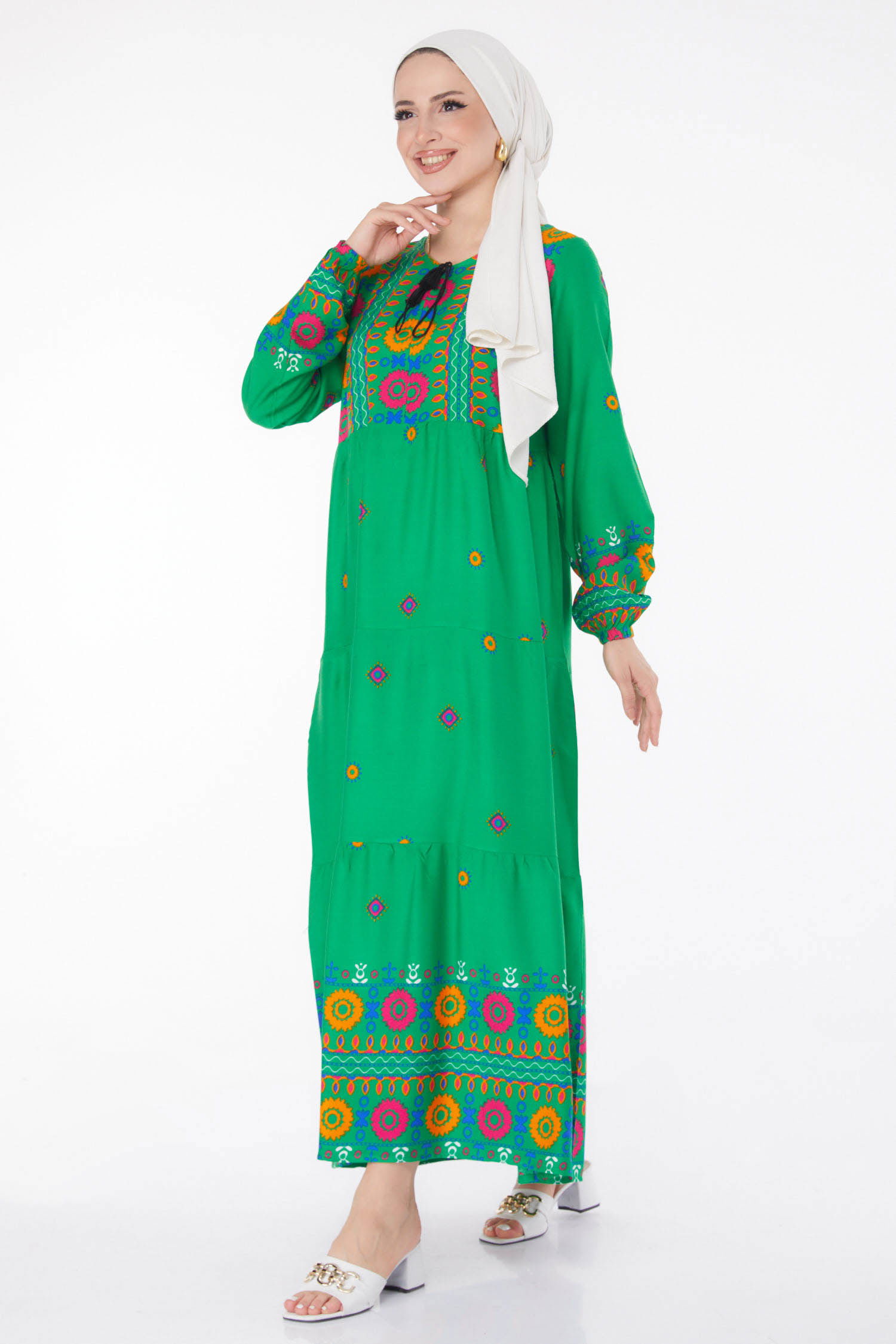 Desenli Elbise Yesil - 25708 - 2