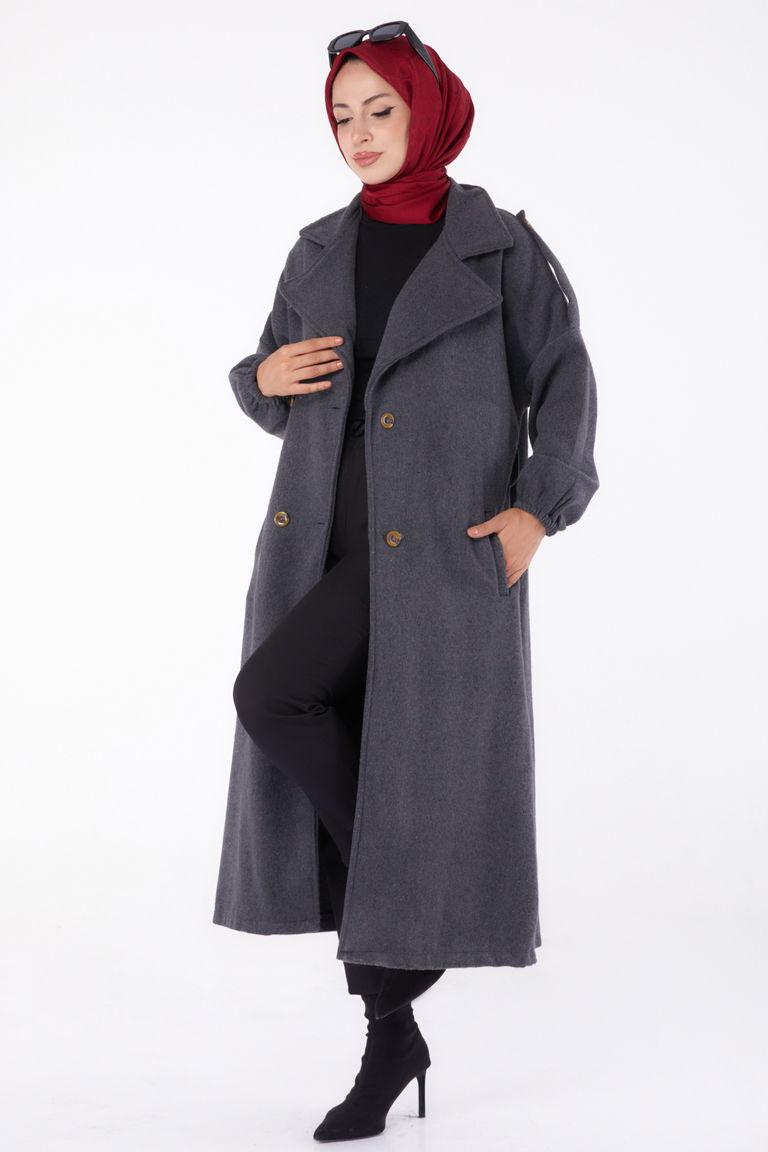 Düz Kruvaze Yaka Kadın Antrasit Kaşe Kaban - 13288 - TOFİSA