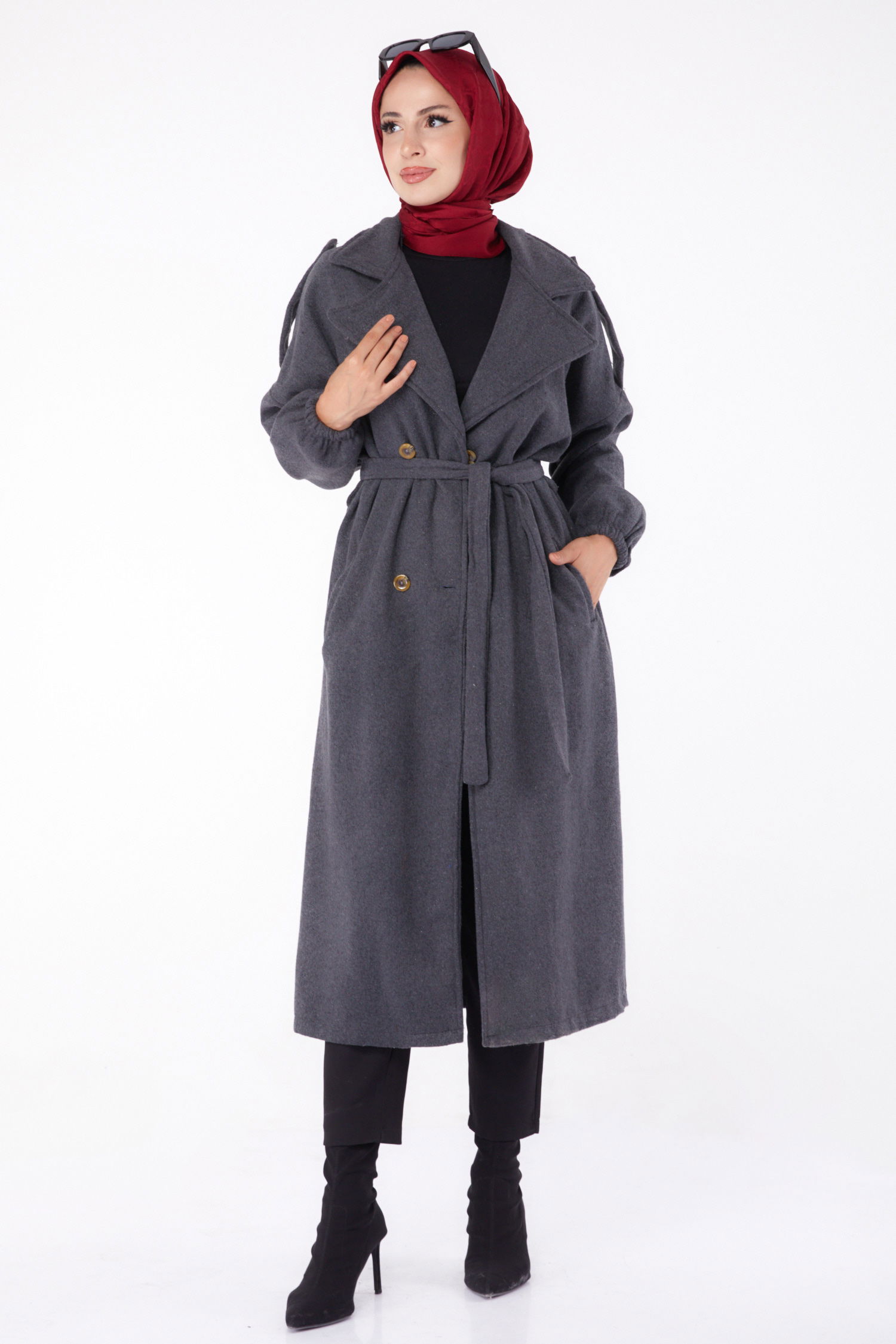 Düz Kruvaze Yaka Kadın Antrasit Kaşe Kaban - 13288 - 2