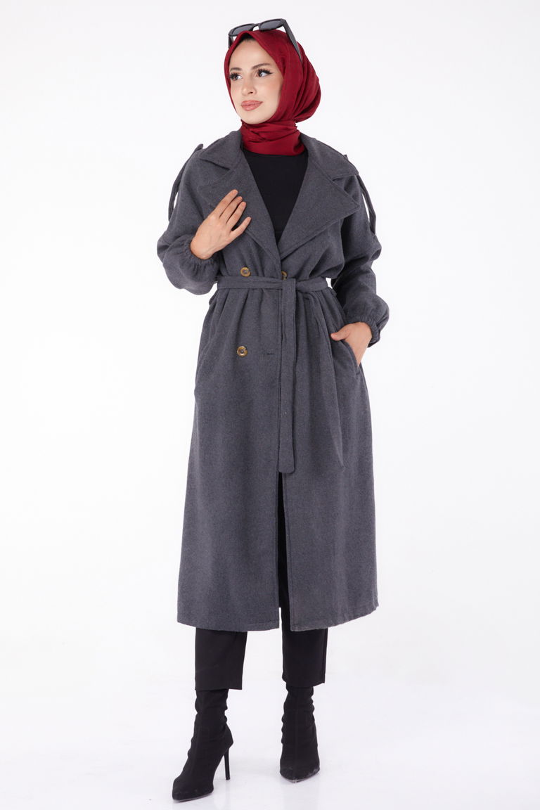 Düz Kruvaze Yaka Kadın Antrasit Kaşe Kaban - 13288 - TOFİSA