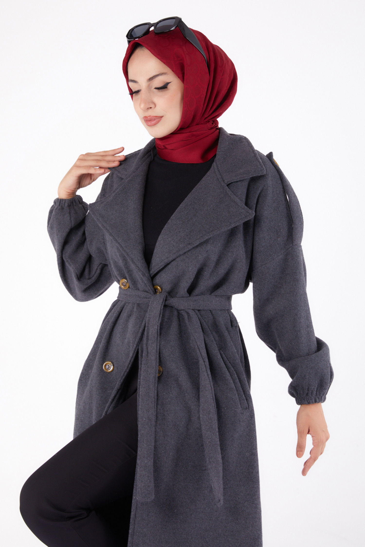 Düz Kruvaze Yaka Kadın Antrasit Kaşe Kaban - 13288 - 3