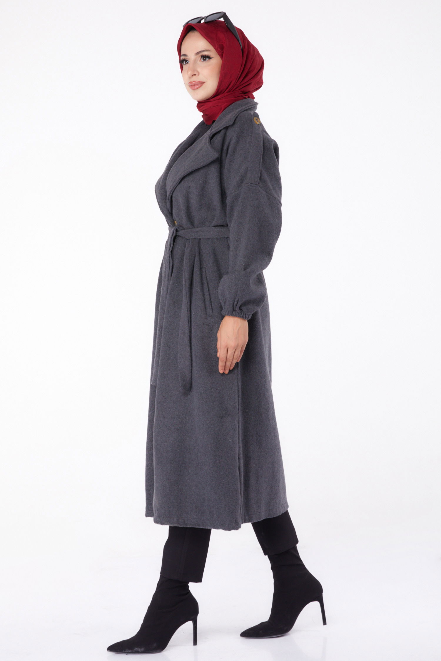 Düz Kruvaze Yaka Kadın Antrasit Kaşe Kaban - 13288 - 4