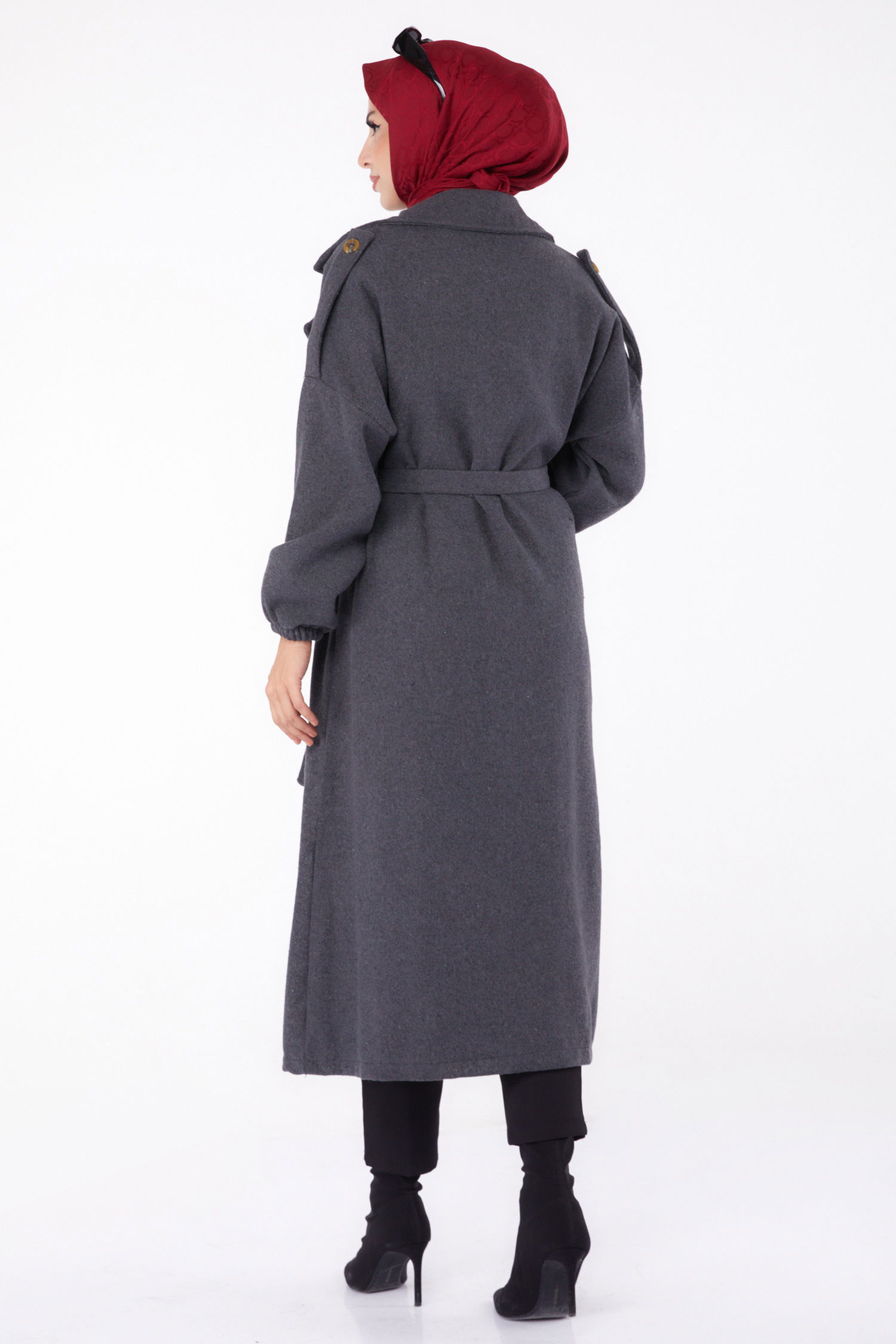 Düz Kruvaze Yaka Kadın Antrasit Kaşe Kaban - 13288 - 5