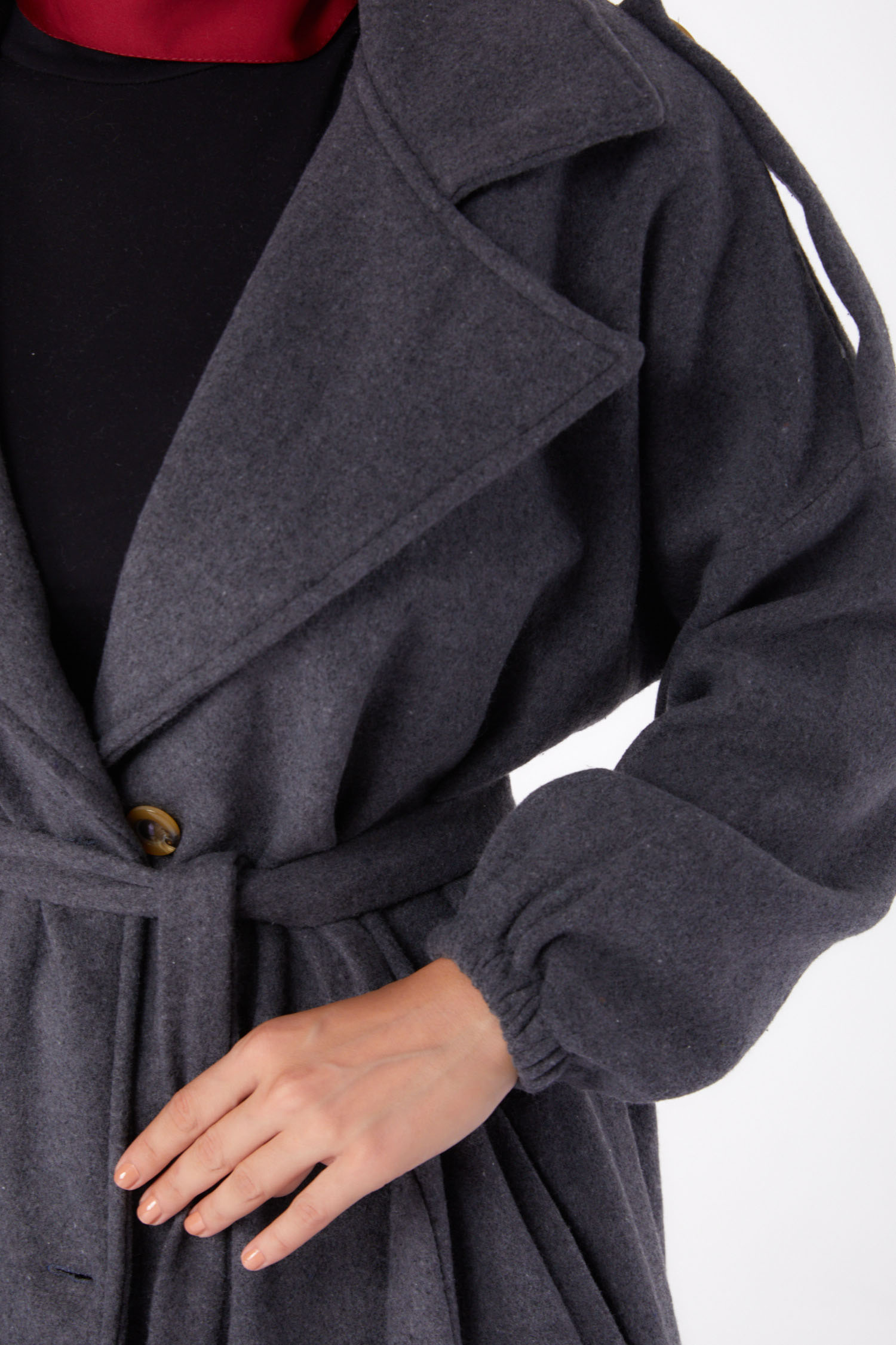 Düz Kruvaze Yaka Kadın Antrasit Kaşe Kaban - 13288 - 6