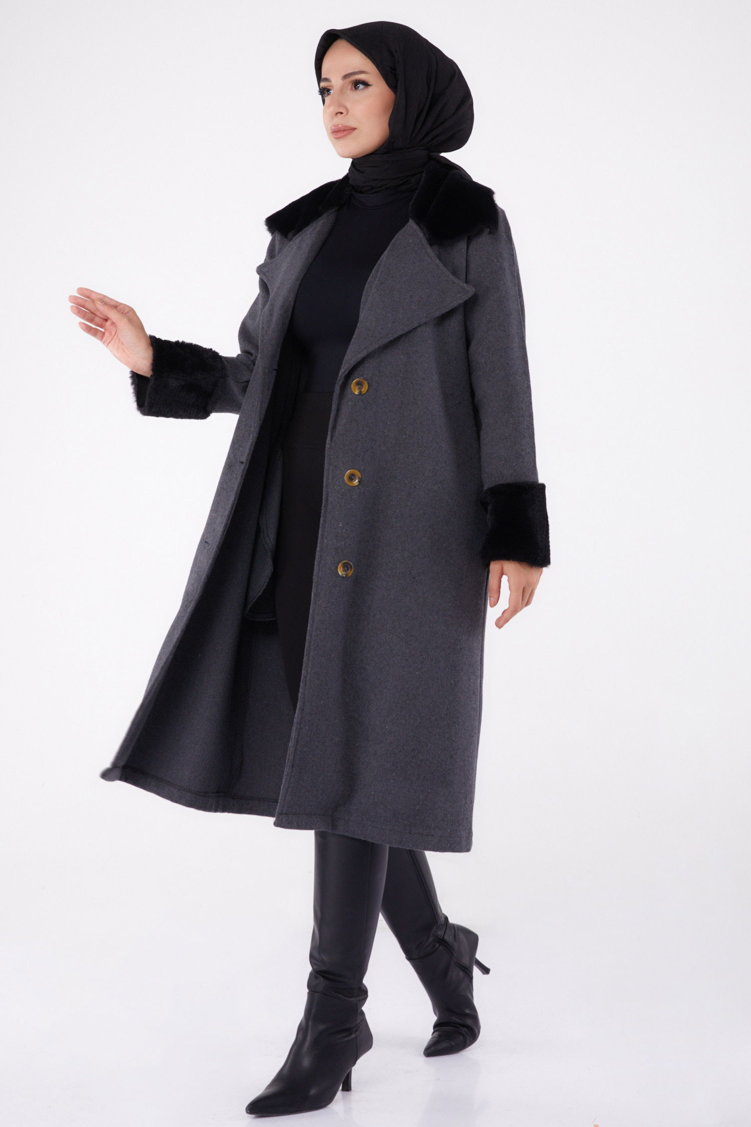 Kürk Detaylı Kaşe Kaban Antrasit - 13293 - 1