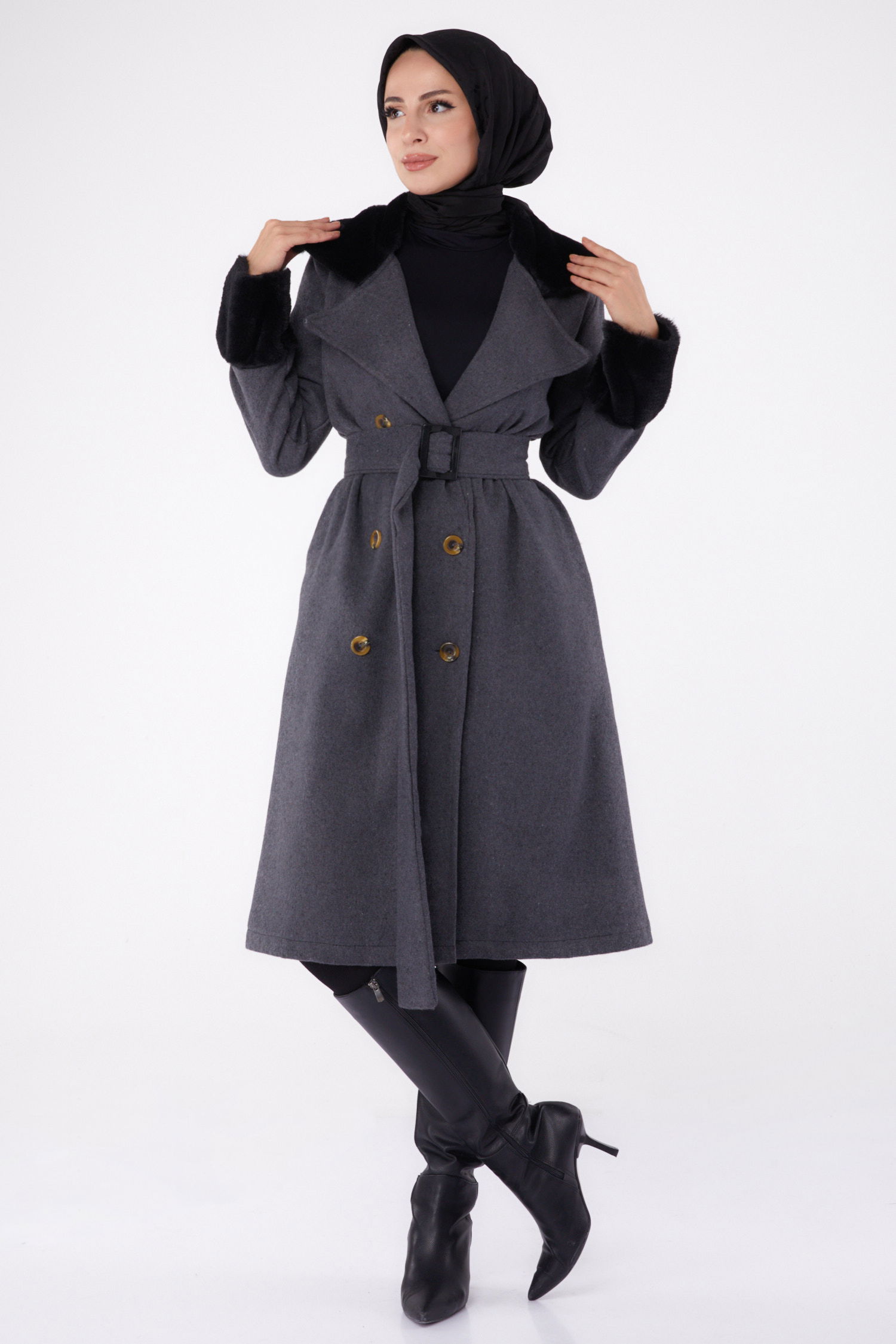 Kürk Detaylı Kaşe Kaban Antrasit - 13293 - 2