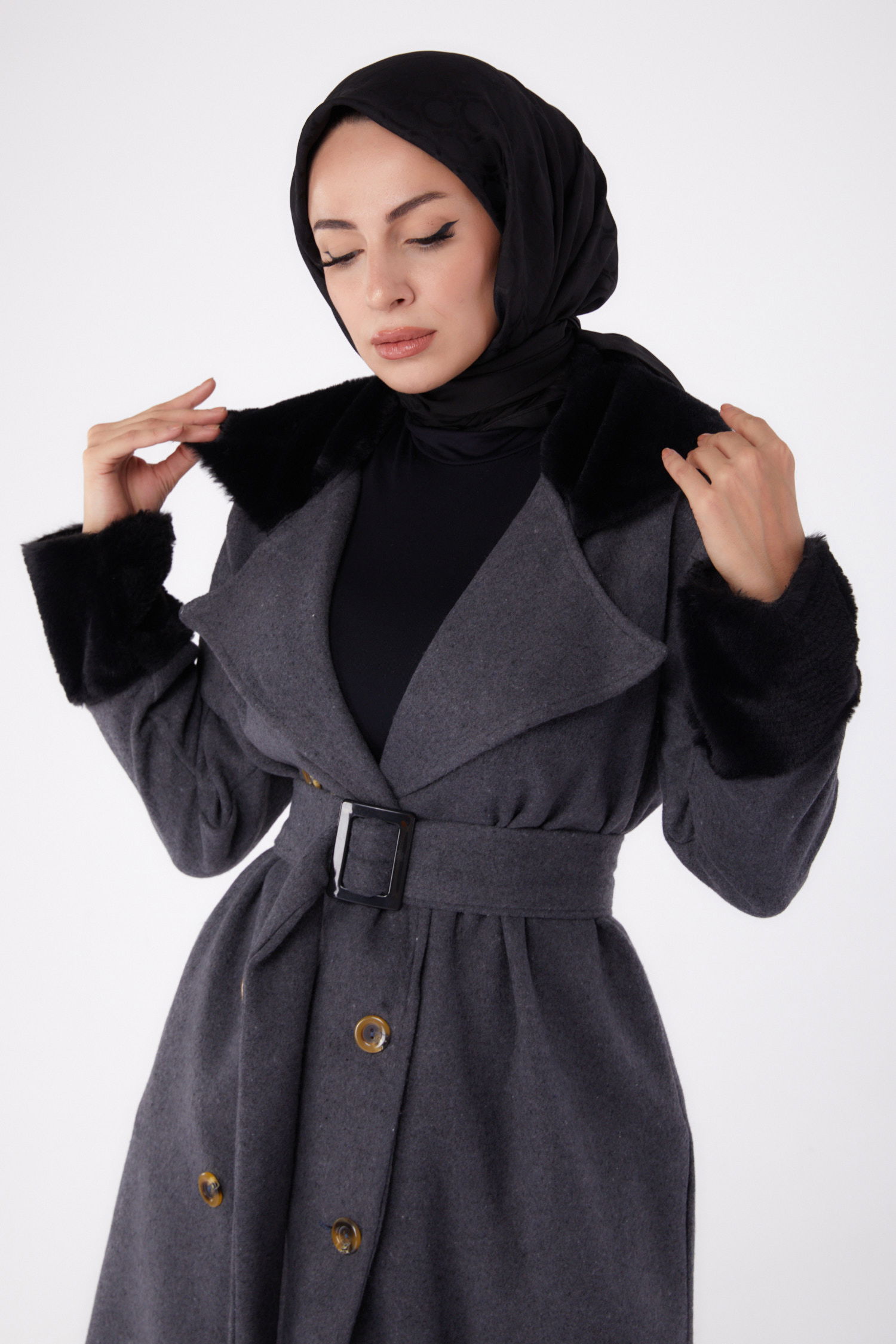 Kürk Detaylı Kaşe Kaban Antrasit - 13293 - 3