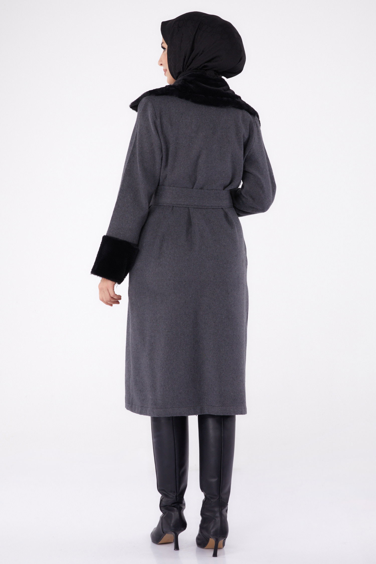 Kürk Detaylı Kaşe Kaban Antrasit - 13293 - 5