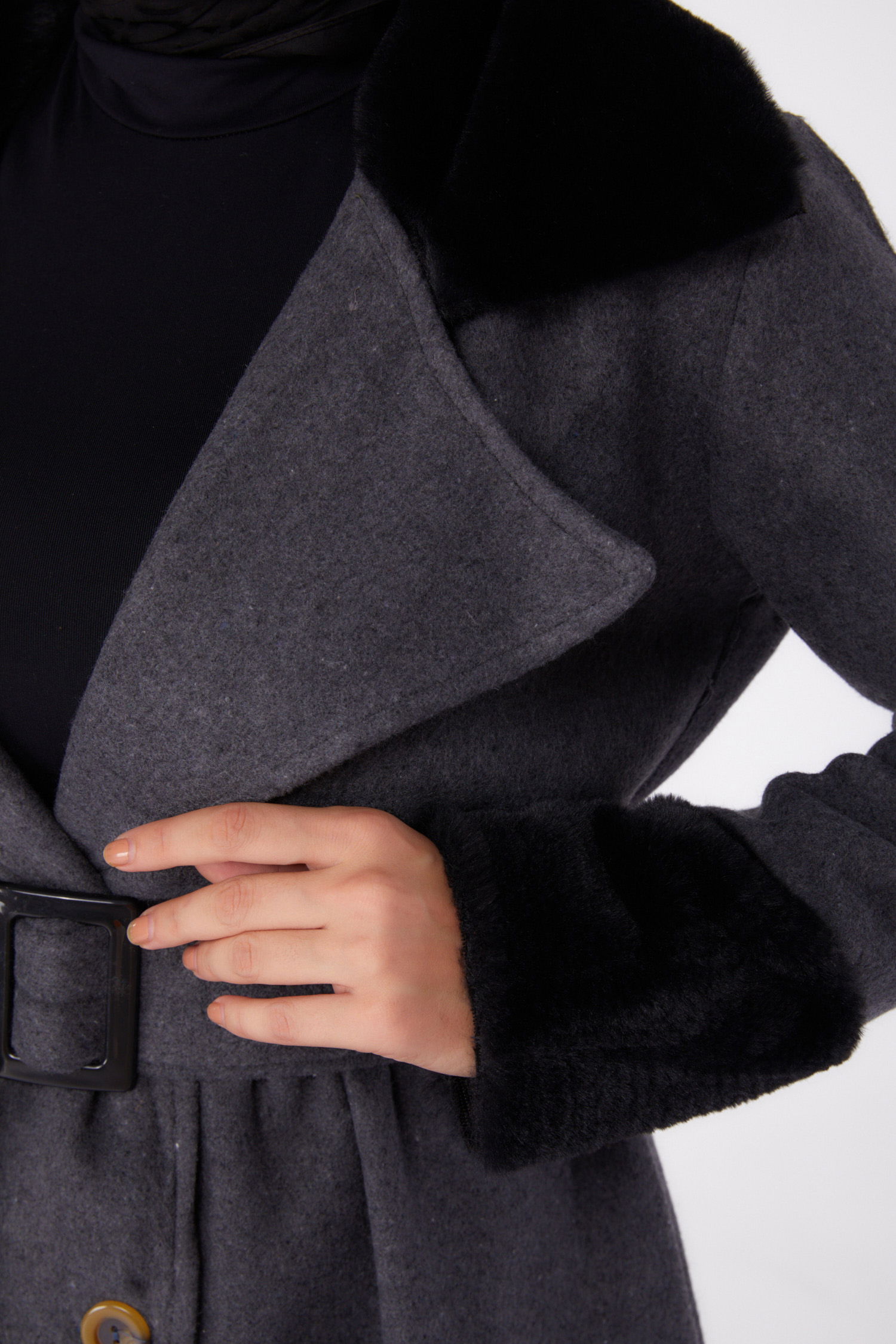 Kürk Detaylı Kaşe Kaban Antrasit - 13293 - 6