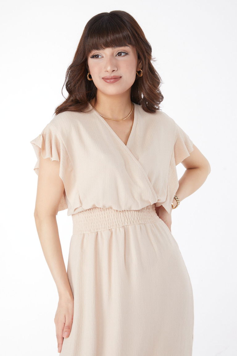 Düz Kruvaze Yaka Kadın Bej Beli Lastikli Elbise - 25112 - TOFİSA