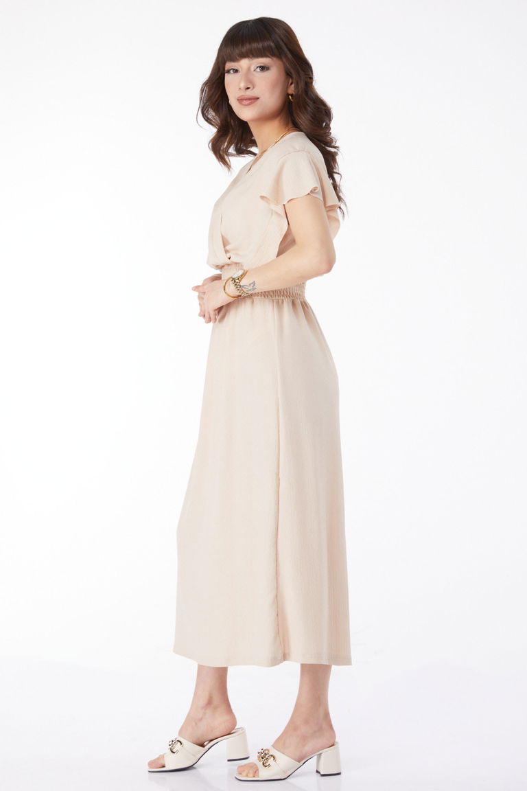 Düz Kruvaze Yaka Kadın Bej Beli Lastikli Elbise - 25112 - TOFİSA
