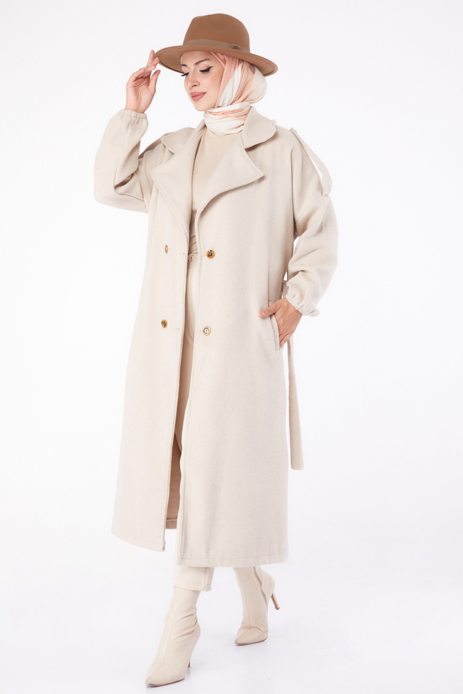 Düz Kruvaze Yaka Kadın Bej Kaşe Kaban - 13288 - 2