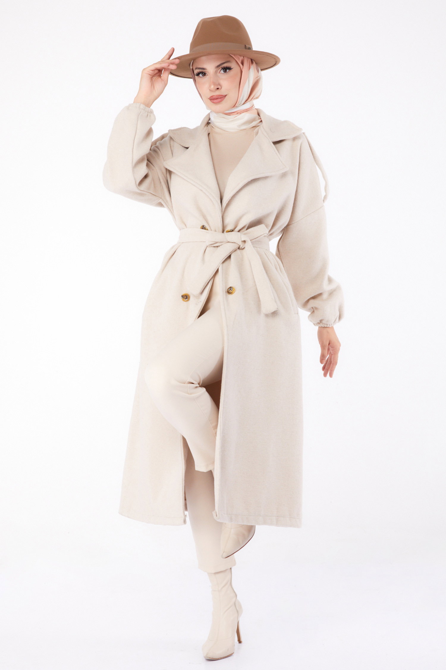 Düz Kruvaze Yaka Kadın Bej Kaşe Kaban - 13288 - 3