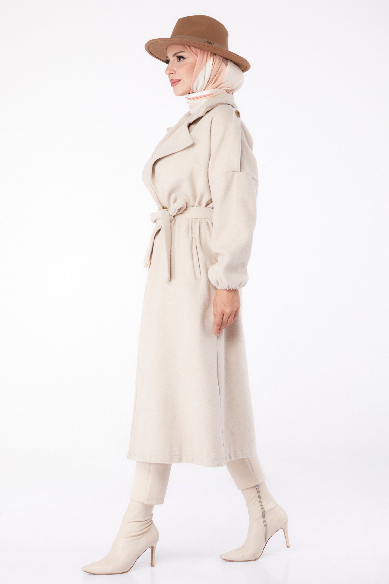 Düz Kruvaze Yaka Kadın Bej Kaşe Kaban - 13288 - 4