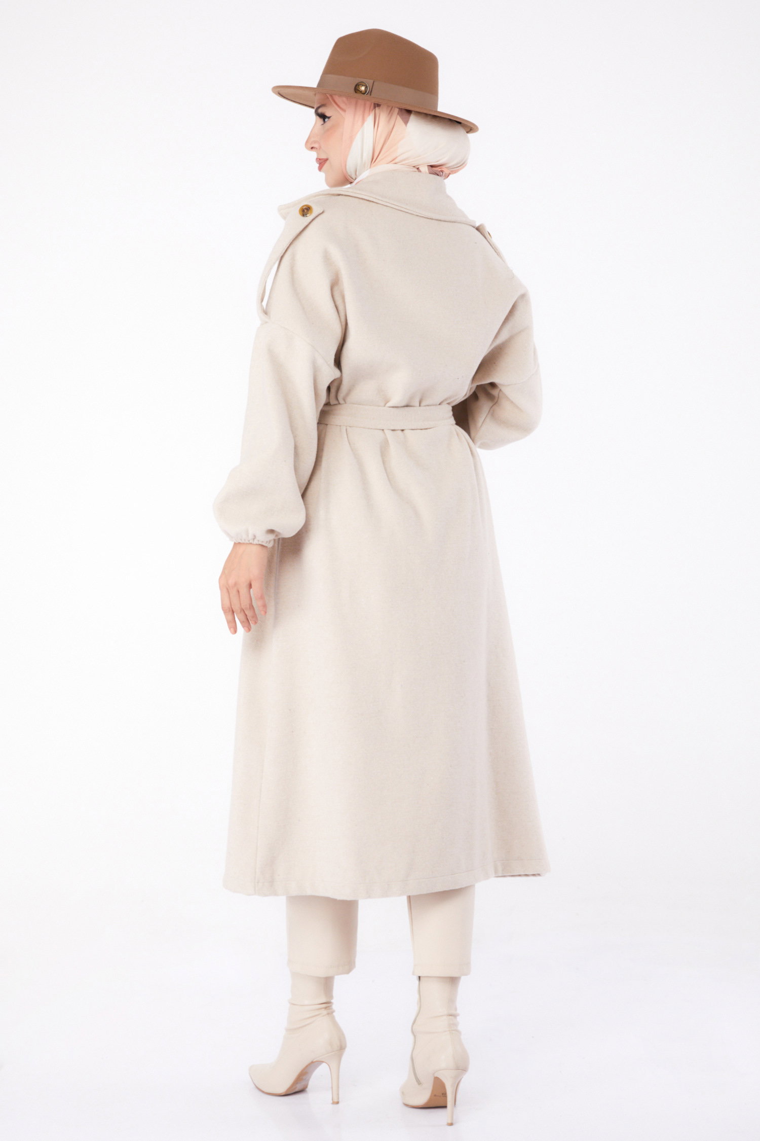 Düz Kruvaze Yaka Kadın Bej Kaşe Kaban - 13288 - 5