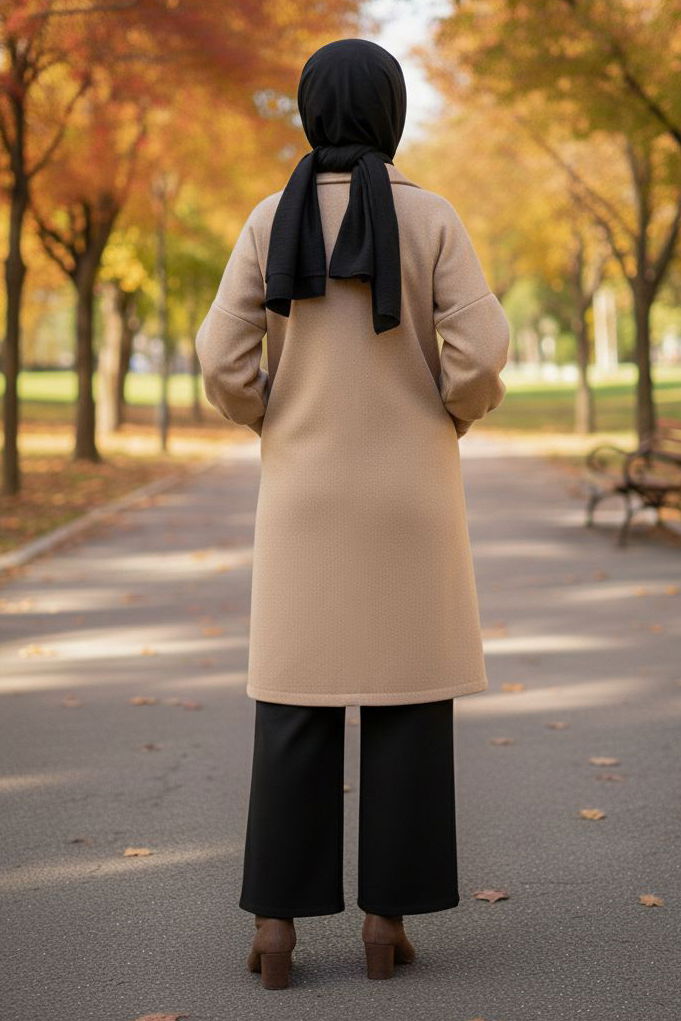 Düz Kruvaze Yaka Kadın Bej Kaşe Kaban - 13289 - 3