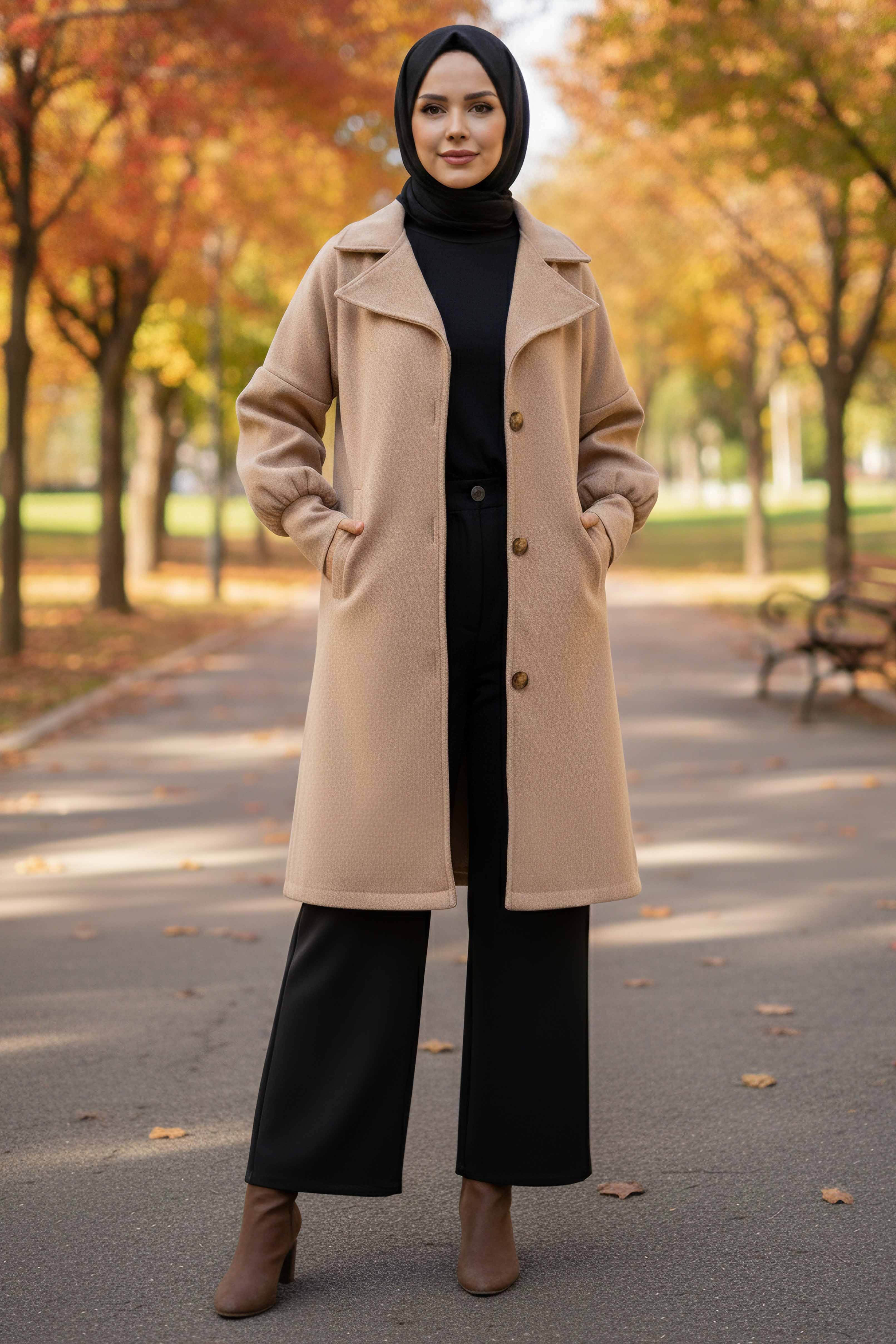 Düz Kruvaze Yaka Kadın Bej Kaşe Kaban - 13289 - 2