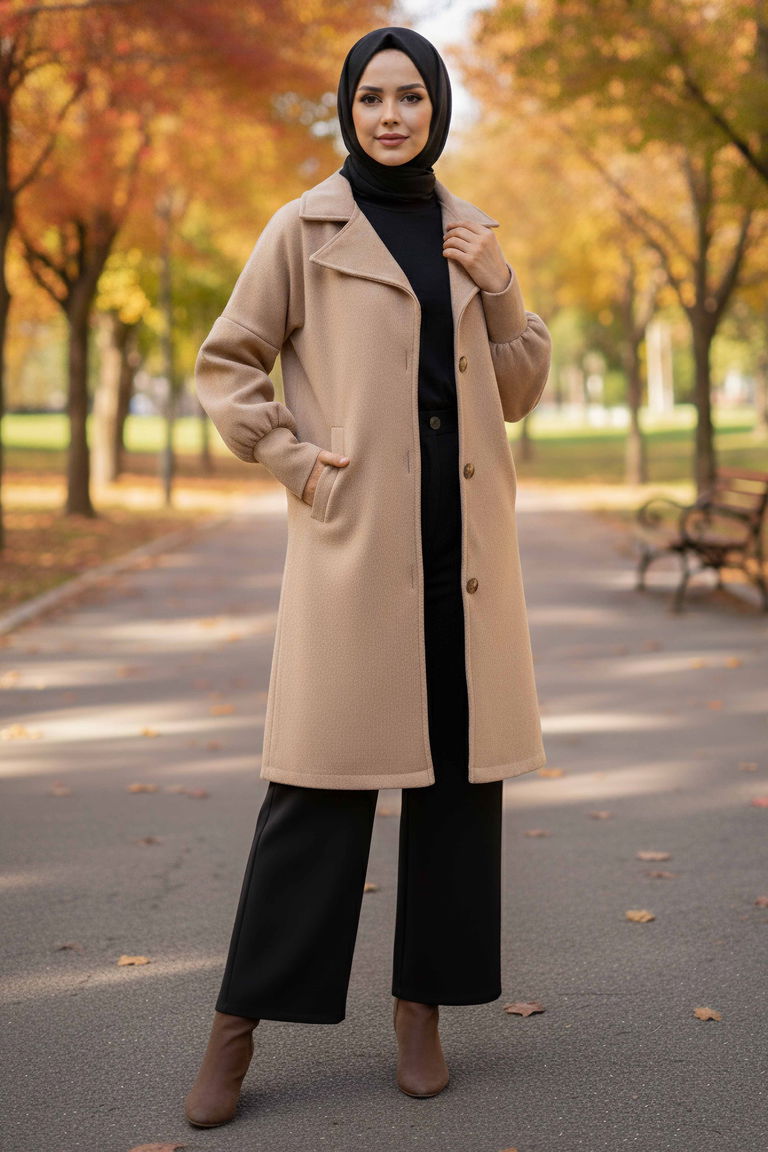 Düz Kruvaze Yaka Kadın Bej Kaşe Kaban - 13289 - TOFİSA