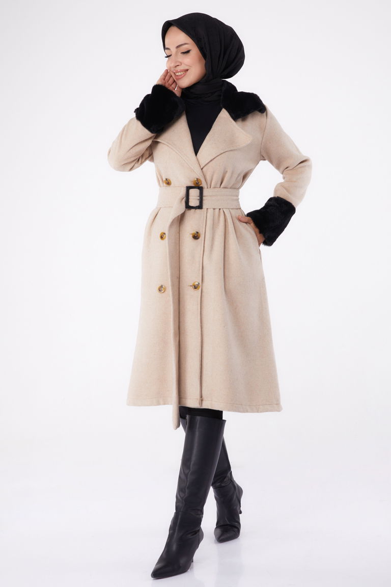 Kürk Detaylı Kaşe Kaban Bej - 13293 - TOFİSA