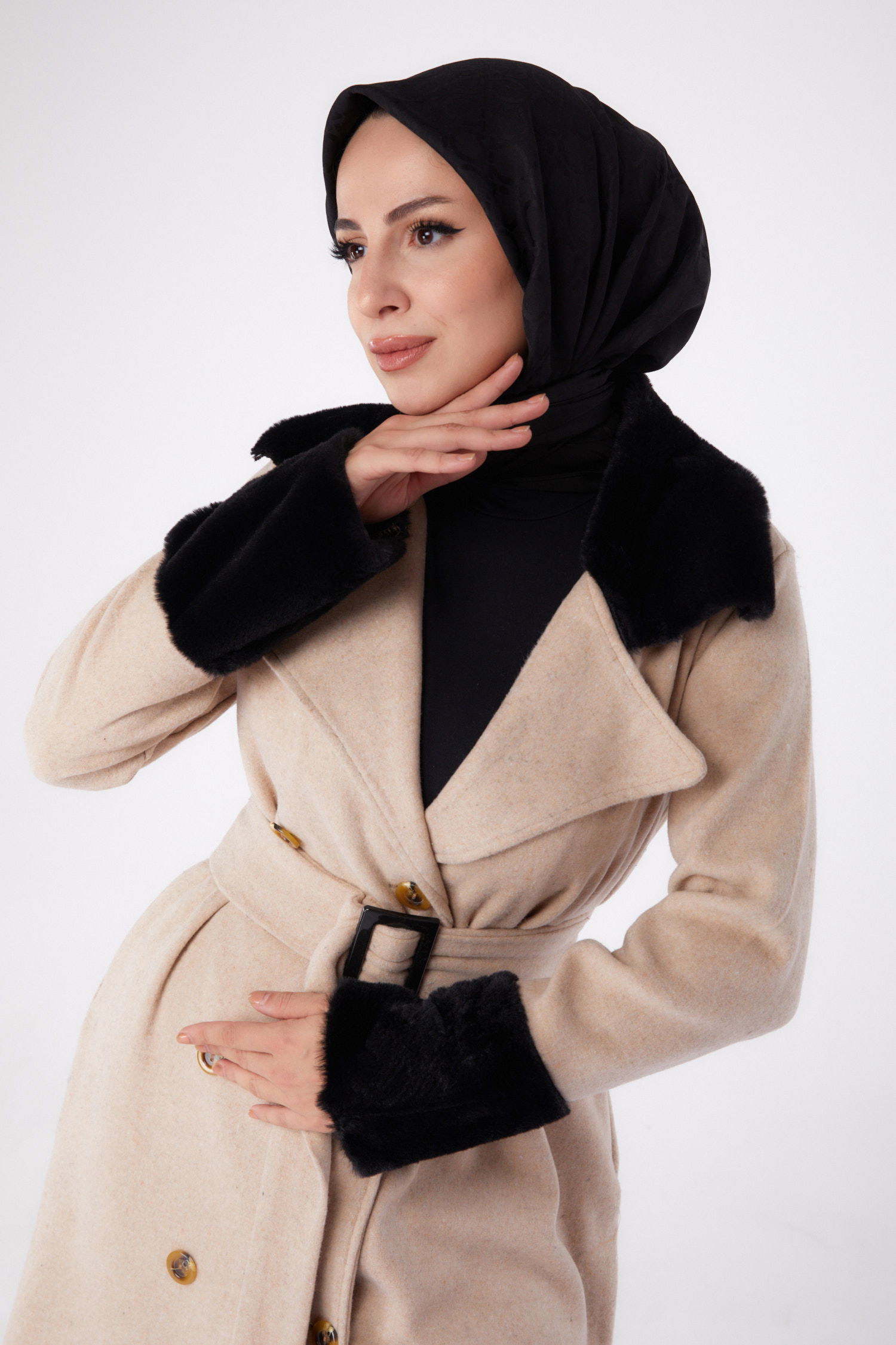 Kürk Detaylı Kaşe Kaban Bej - 13293 - 2