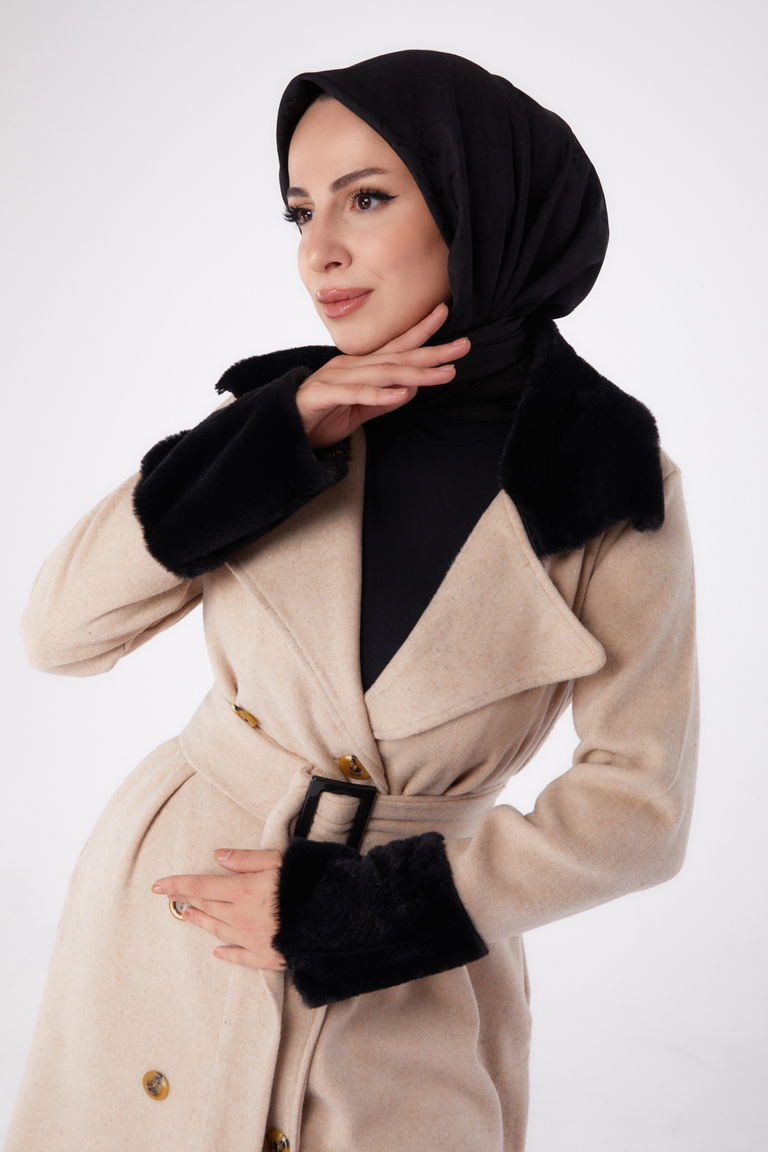 Kürk Detaylı Kaşe Kaban Bej - 13293 - TOFİSA