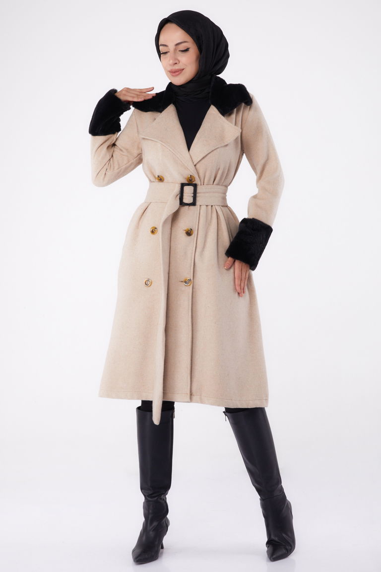 Kürk Detaylı Kaşe Kaban Bej - 13293 - TOFİSA