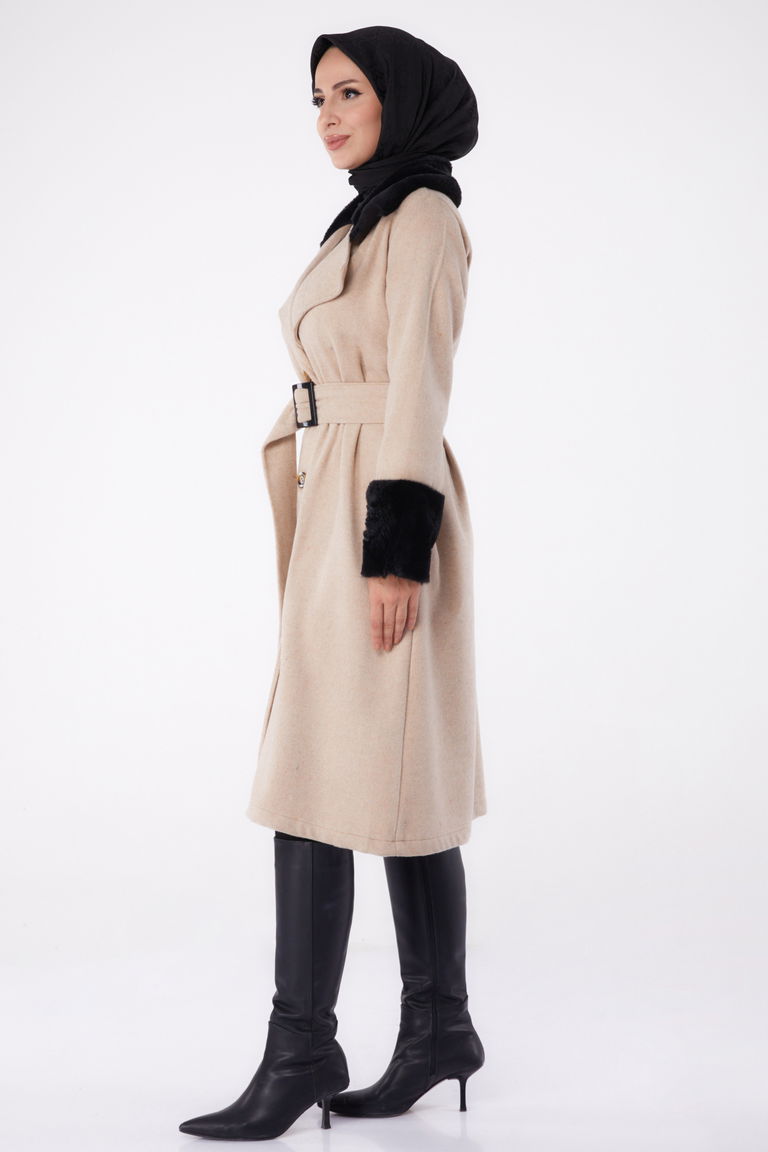 Kürk Detaylı Kaşe Kaban Bej - 13293 - TOFİSA