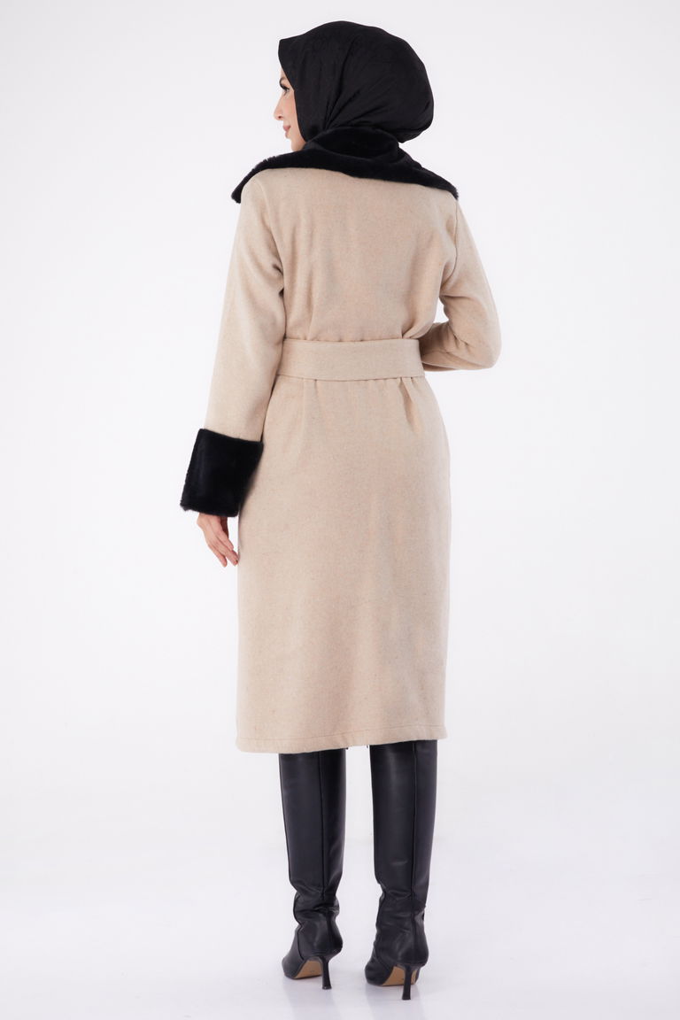 Kürk Detaylı Kaşe Kaban Bej - 13293 - TOFİSA