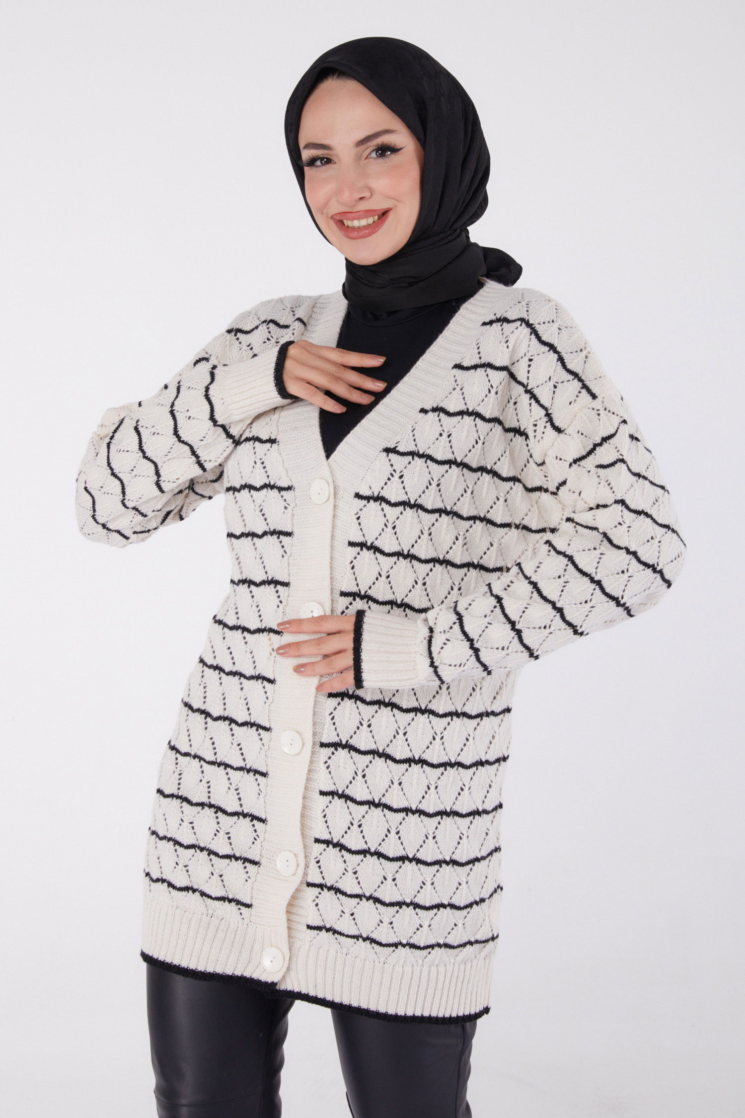 Düz Kruvaze Yaka Kadın Beyaz Çizgili Hırka - 26490 - 1