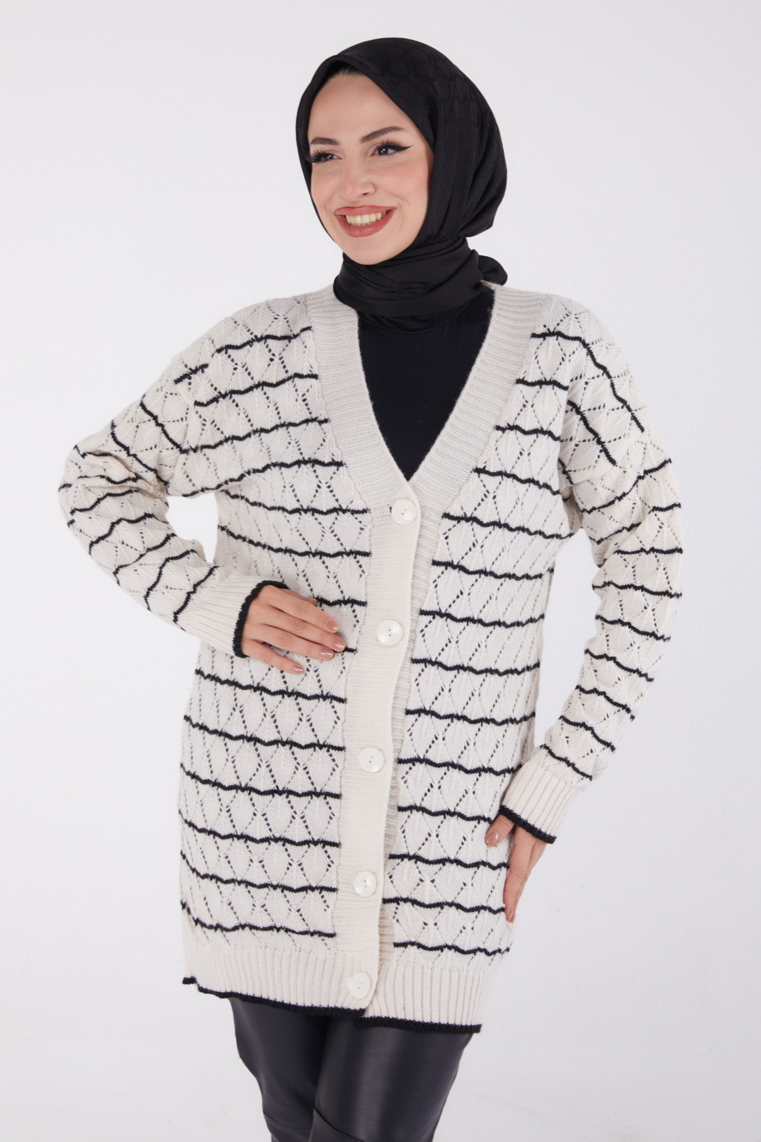 Düz Kruvaze Yaka Kadın Beyaz Çizgili Hırka - 26490 - 2
