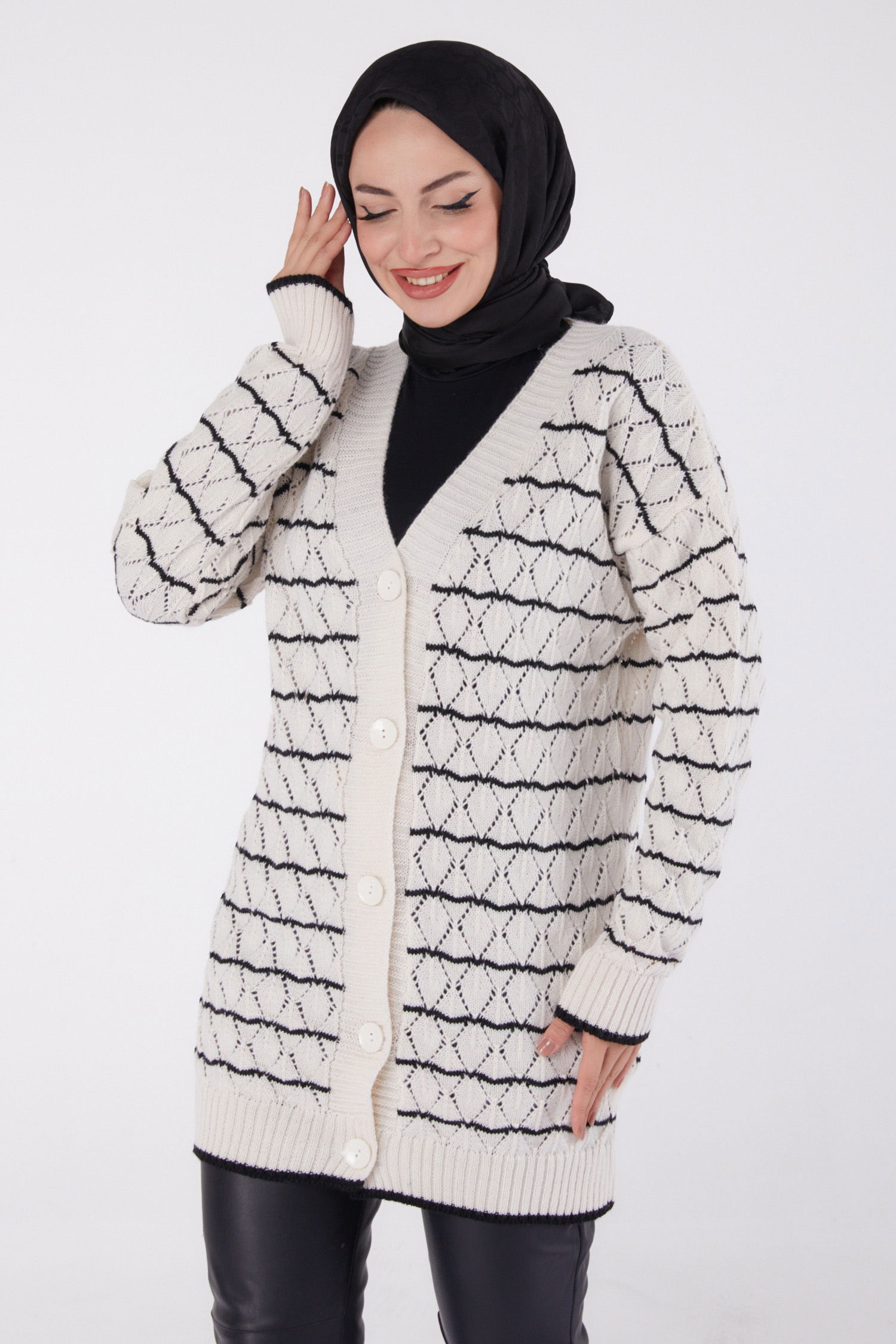 Düz Kruvaze Yaka Kadın Beyaz Çizgili Hırka - 26490 - 3