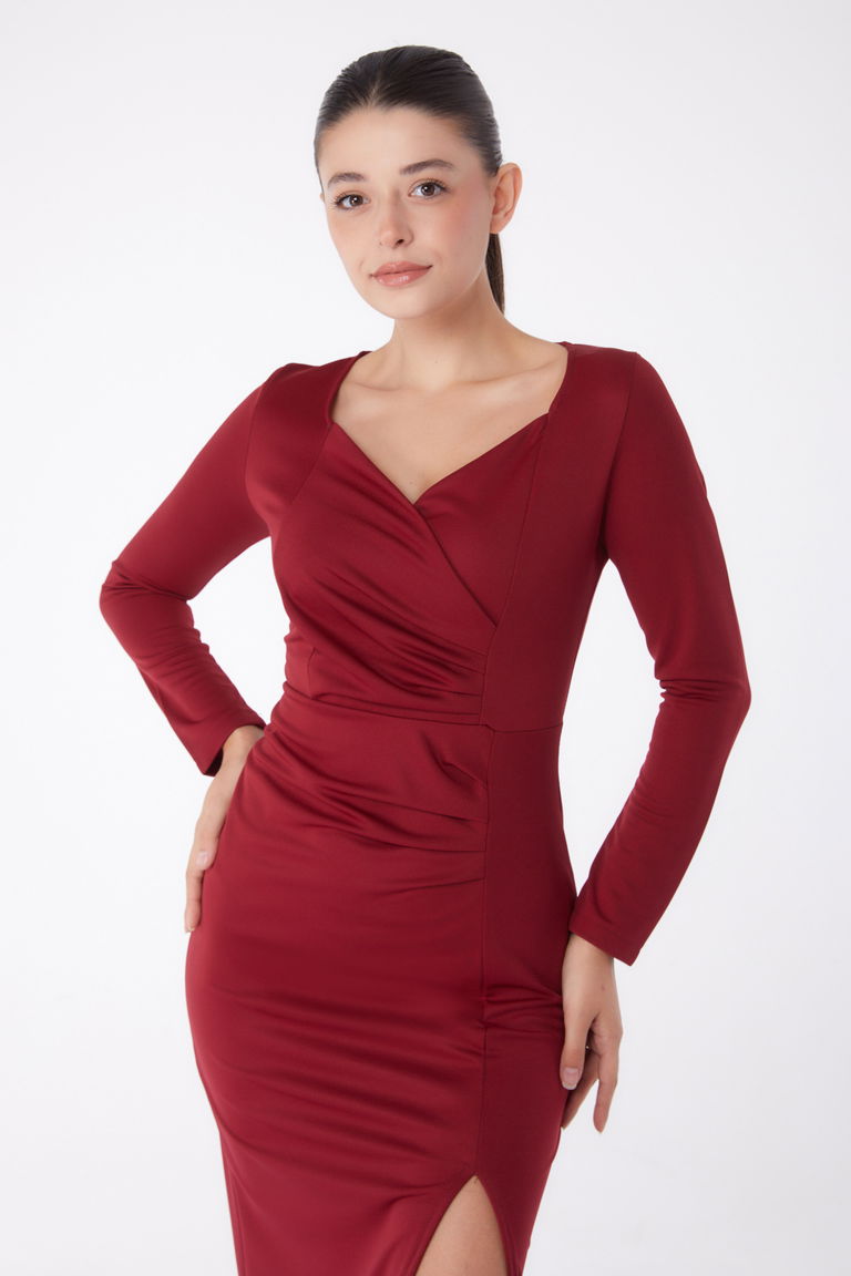 Düz Kruvaze Yaka Kadın Bordo Abiye Elbise - 13254 - TOFİSA