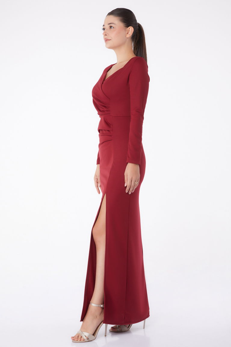 Düz Kruvaze Yaka Kadın Bordo Abiye Elbise - 13254 - TOFİSA